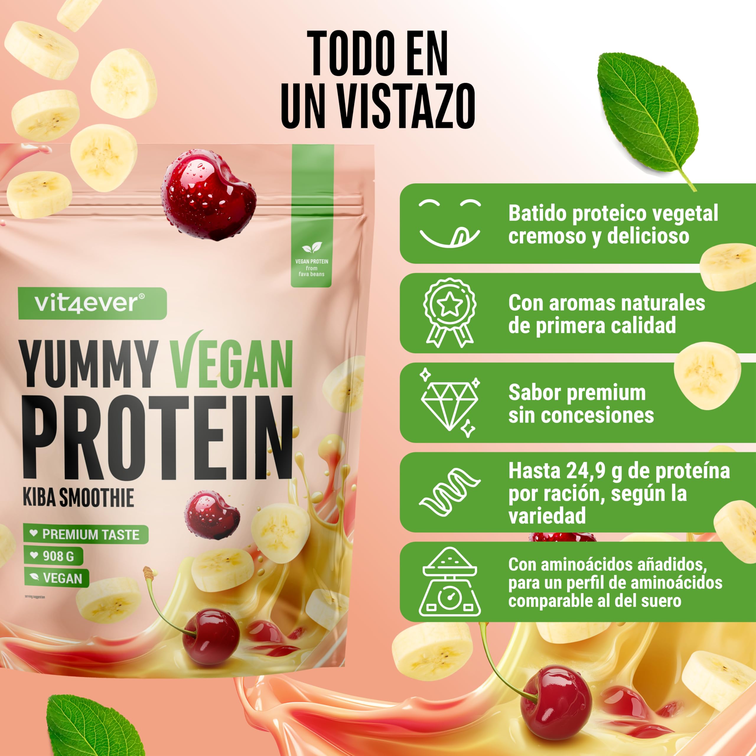 Yummy Vegan Protein Kiba Smoothie – Batido proteico vegetal con 24,3 g de proteína por porción a partir de aislado de haba (fava) con BCAA y aminoácidos – 908 g