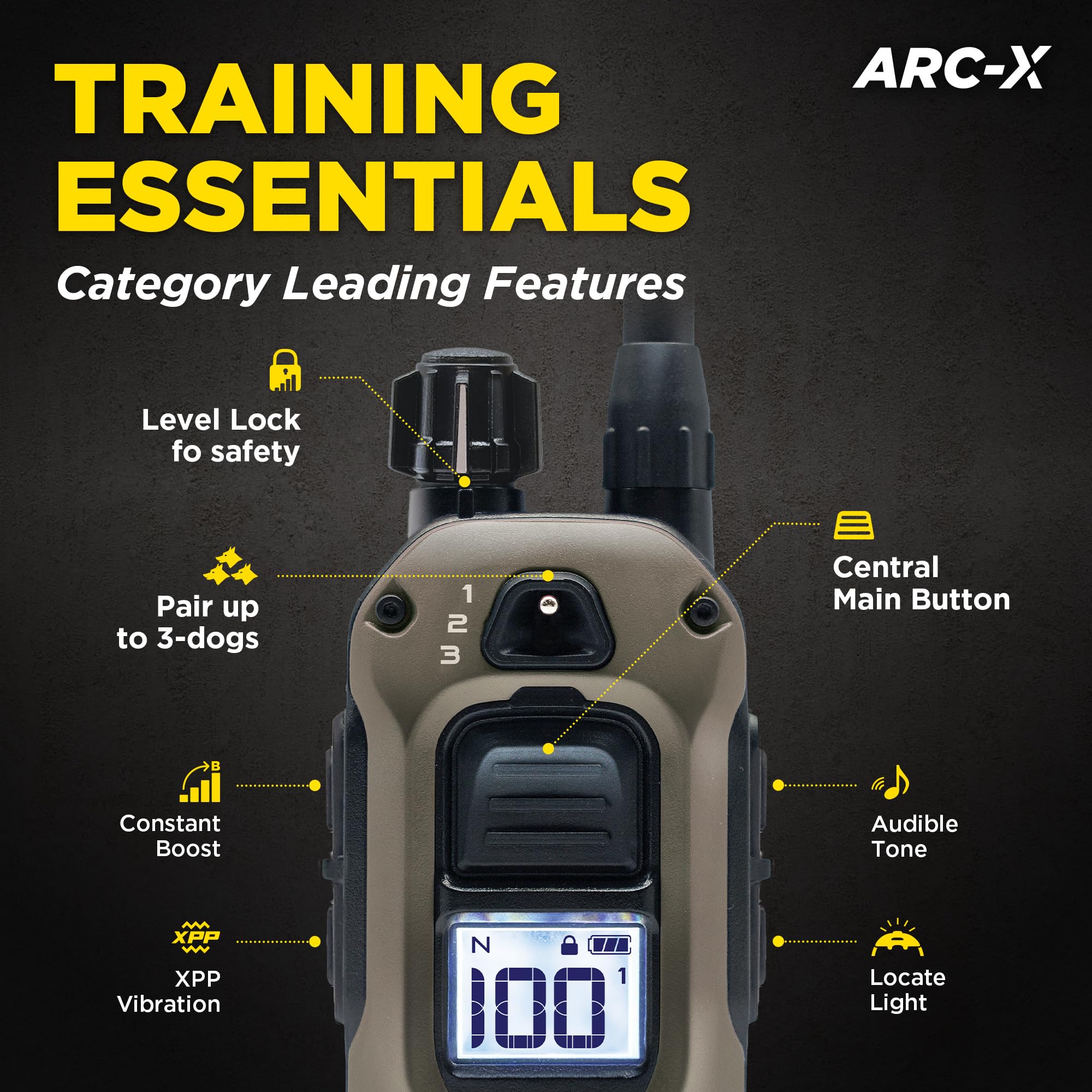 Dogtra ARC-X E-Collar para entrenamiento de perros, rango de 3/4 millas, para perros de 15 libras +, diseño delgado, IPX9K impermeable, 100 niveles de estimulación, vibración, tono, recargable, dueños