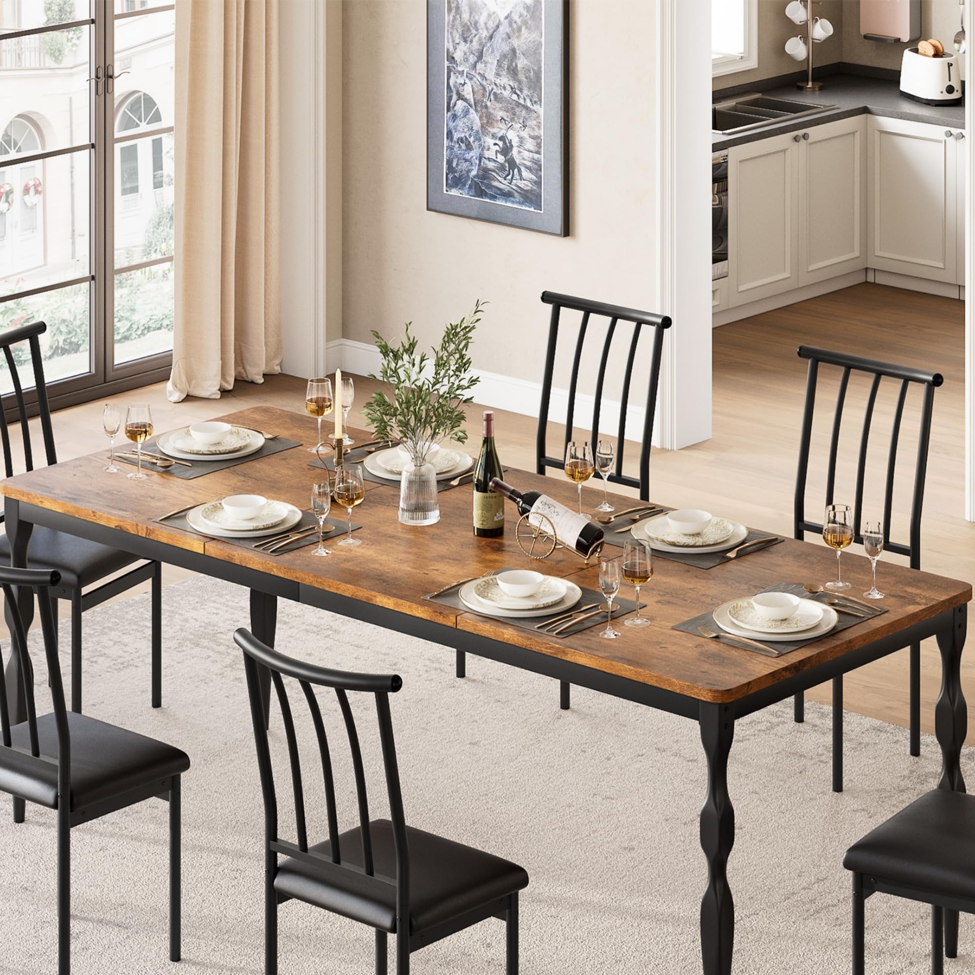 Zstar Mesa De Comedor Industrial para 6 Personas, Mesa Larga De Madera con Diseño De Mortaja y Espiga, Mesa De Cocina con Patas De Metal Resistentes, para Comedor, Oficina, Sala De Estar.