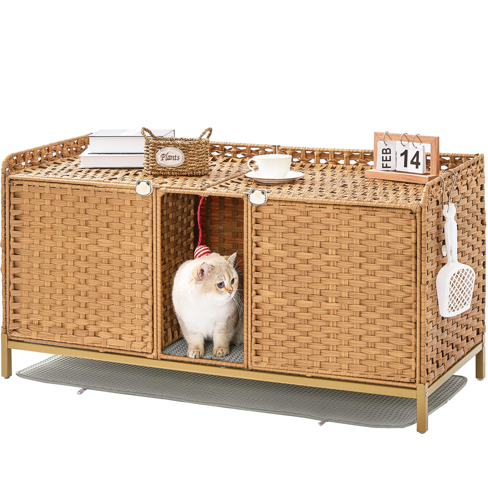 Cat Litter Box Enclosure for 2 Cats, Hidden Litter Box Furniture with Mat, Large Rattan Cat House with Double Room and Door, 47.3 L x 19.7 W x 24 H, 2 S-Shaped Hooks for Living Room Natural