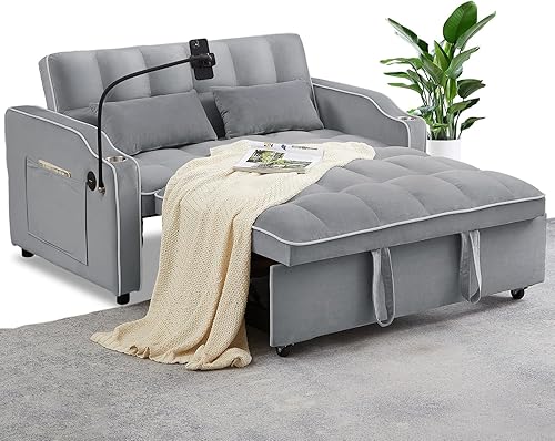 Rovibek Sofá cama convertible 3 en 1, sofá cama extraíble, futón, sofá biplaza de terciopelo con 2 bolsillos y 2 almohadas para sala de estar,