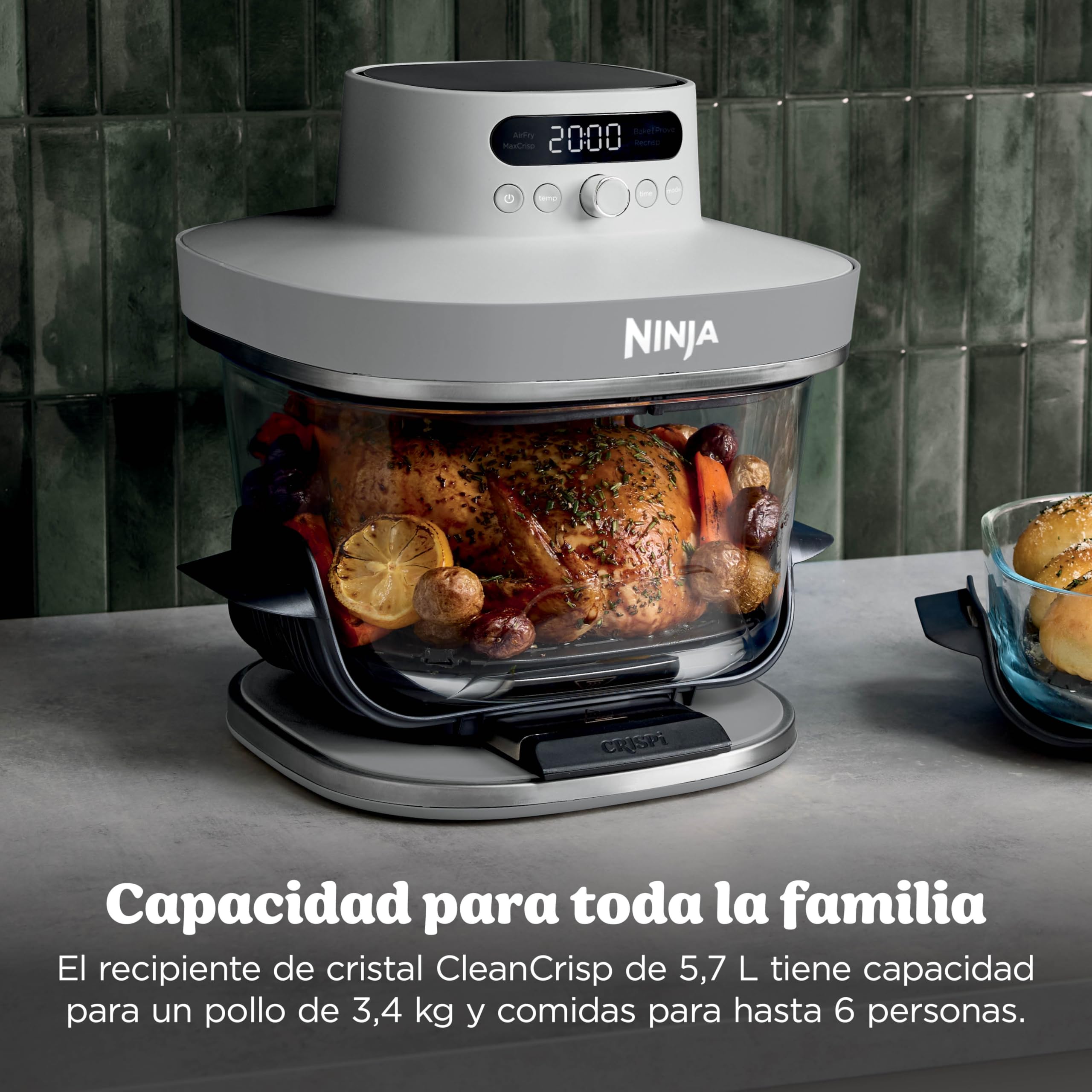 Ninja CRISPi PRO XL Freidora de aire, 5 funciones de cocción predefinidas, recipientes de cocción de cristal CleanCrisp de 5,7 y 2,3 l y tapas para almacenamiento, Blanco AS090EUWH