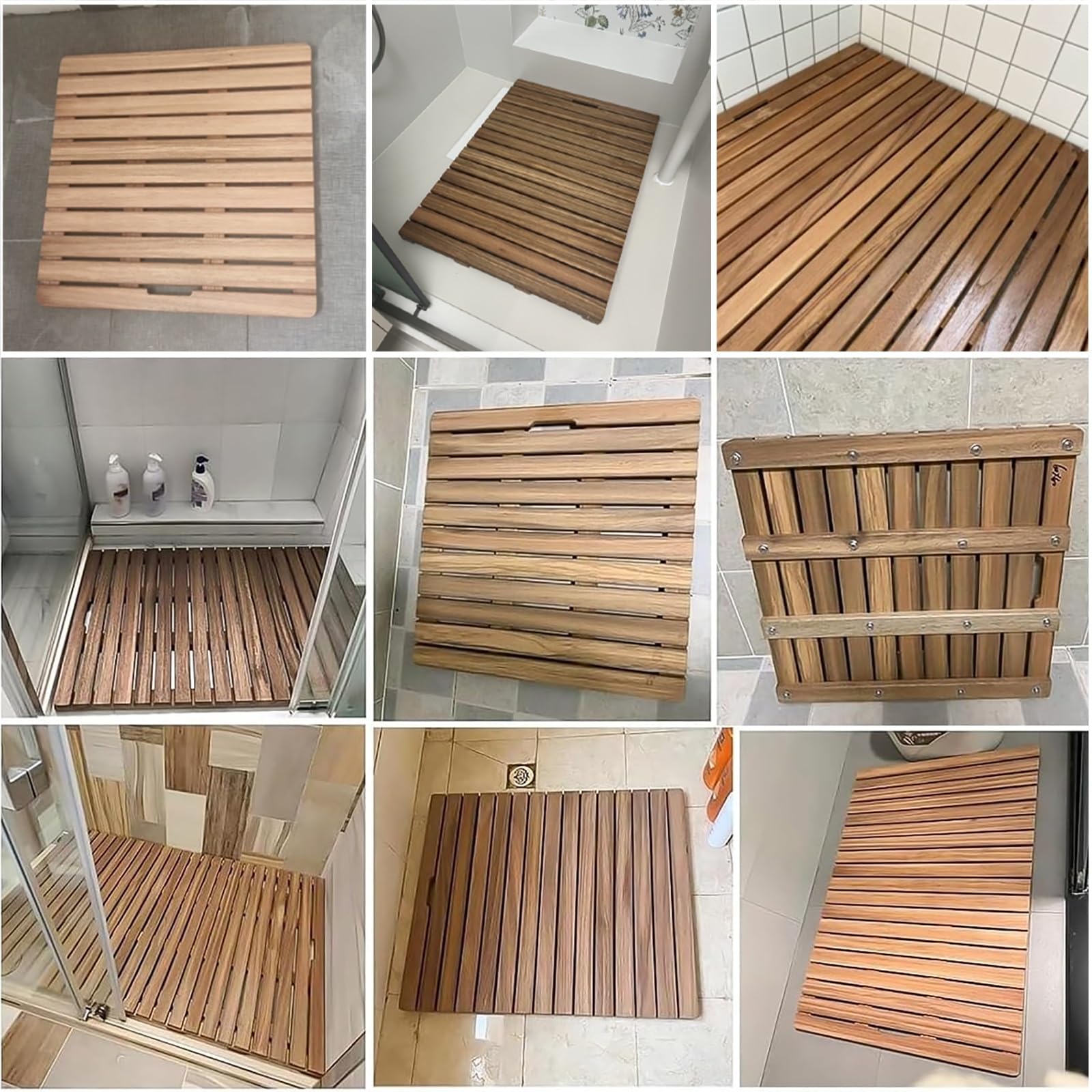 Tappetino da Bagno in Legno di Teak Pedana Doccia Impermeabile,Design a Doghe, Design rialzato per Doccia Esterna(30x30cm/11.8x11.8in)