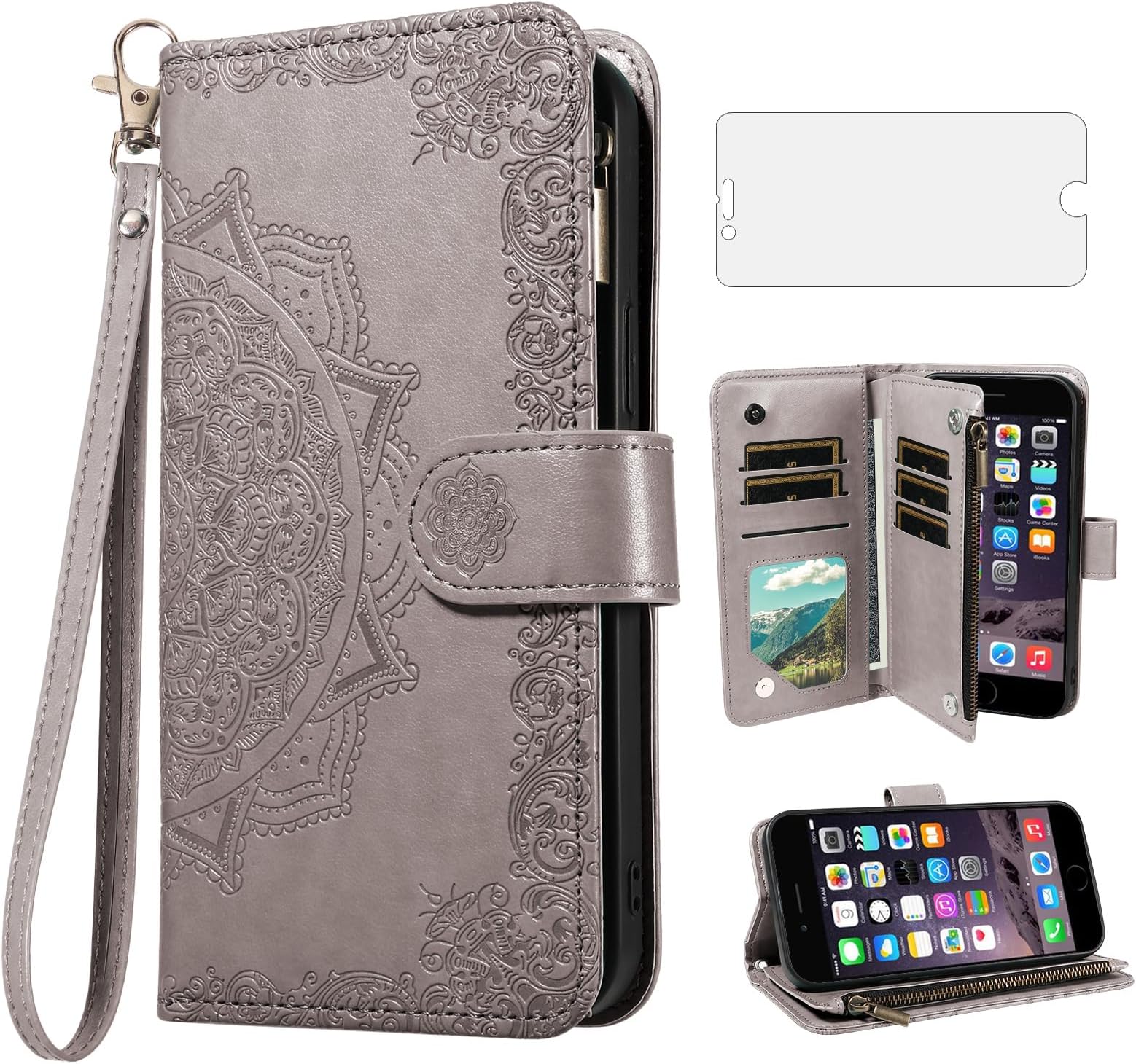 Phone Case for iPhone 6 6s Cell Wallet Cover with Tempered Glass Screen Protector and Flower Flip Credit Card Holder Slot Stand iPhone6 Six i6 S iPhone6s i Phone6s Phone6 6a S6 6SE Women Men Gray