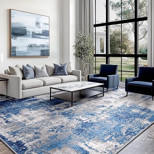 Washable Area Rugs 8'x10' Non-Slip Modern Abstract Soft for Living Room Entryway Bedroom Nursery, Print Pattern, Blue Grey Navy Gray