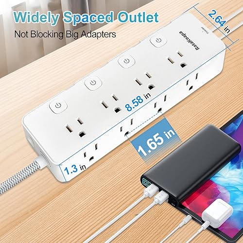 Miniatura 7 de Regleta protectora de sobretensiones de 10 pies, 8 salidas de CA, 4 puertos USB (2 USB C), cable de extensión de enchufe plano con múltiples tomas,