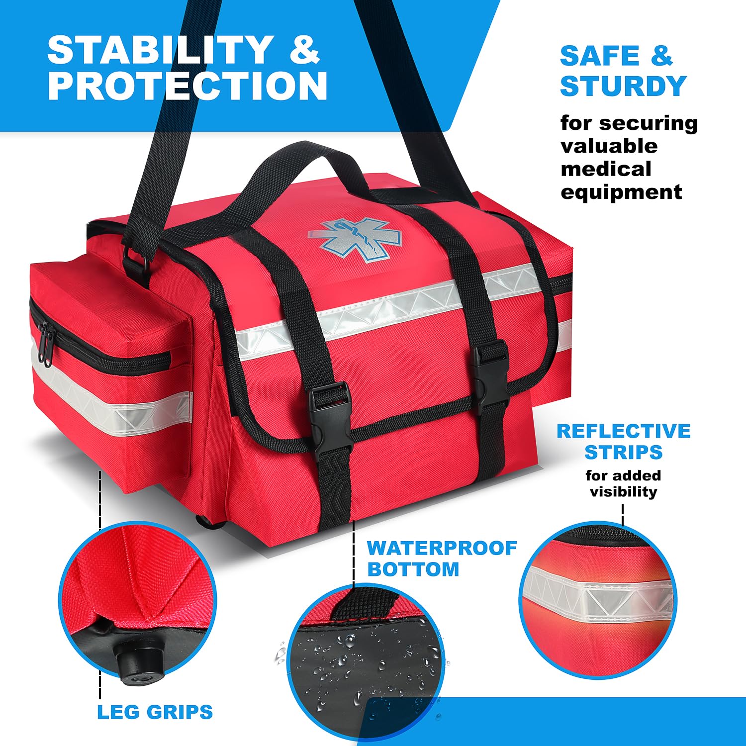Primacare Fully Stocked Reflective Trauma Bag - 17" x 9" x 7" First Aid Responder Emergency Medical Supplies Kit, Professional EMT EMS Shoulder Bag with Zippered Side Pockets and Compartments (Red) — Amazon image 4