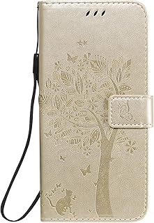 Motorola Moto G30/Moto G10 Case, for Moto G30/G10 Flip Case with Card Slots Magnetic Kickstand PU Leather Wallet Phone Cover Cat & Tree Embossed TPU Bumper Protective Shockproof Case, Gold