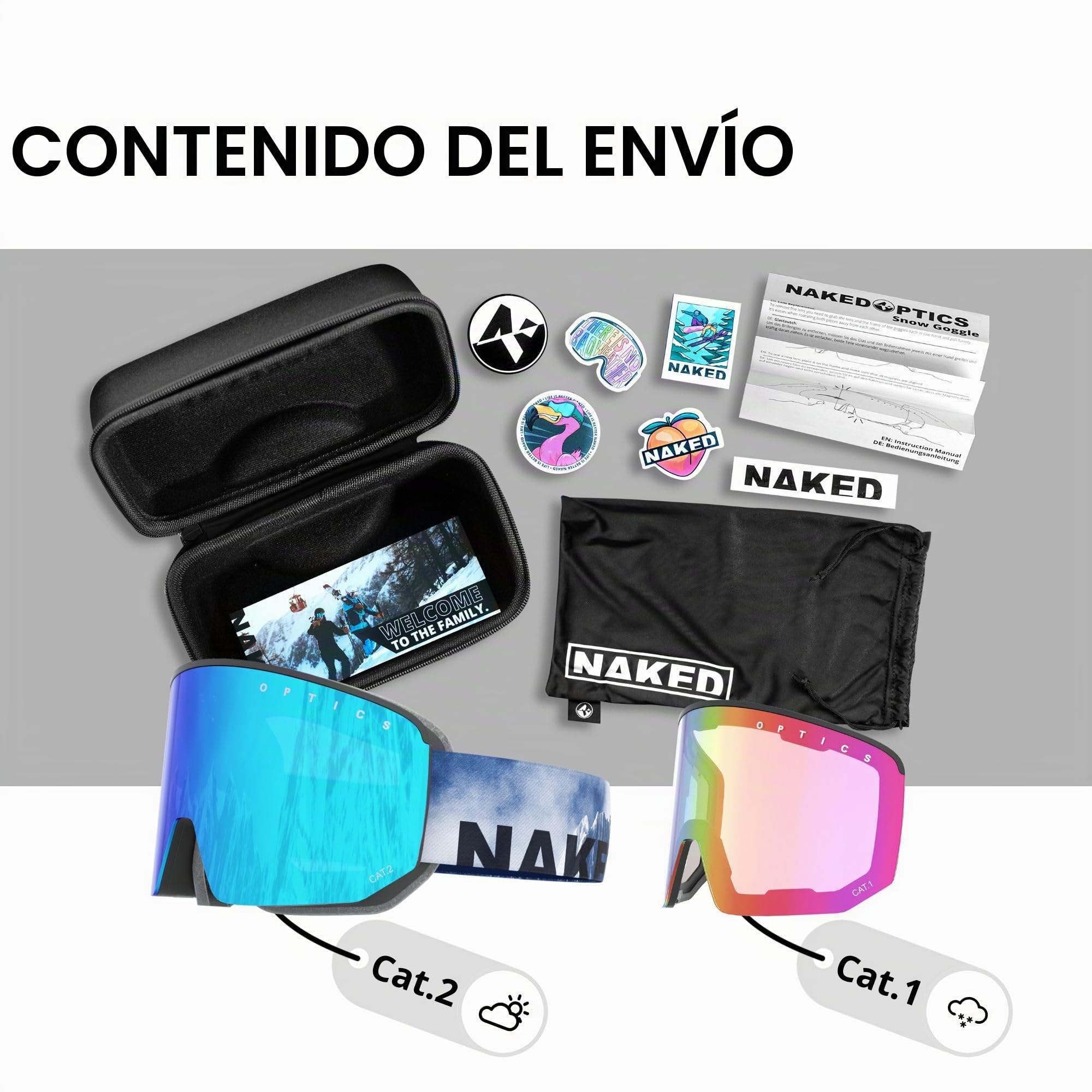 NAKED Optics The NOVA Gafas de Esquí para Hombres, Gafas de Esquí para Mujeres, Gafas de Snowboard (NOVA Steep, + lente para mal tiempo incluido)