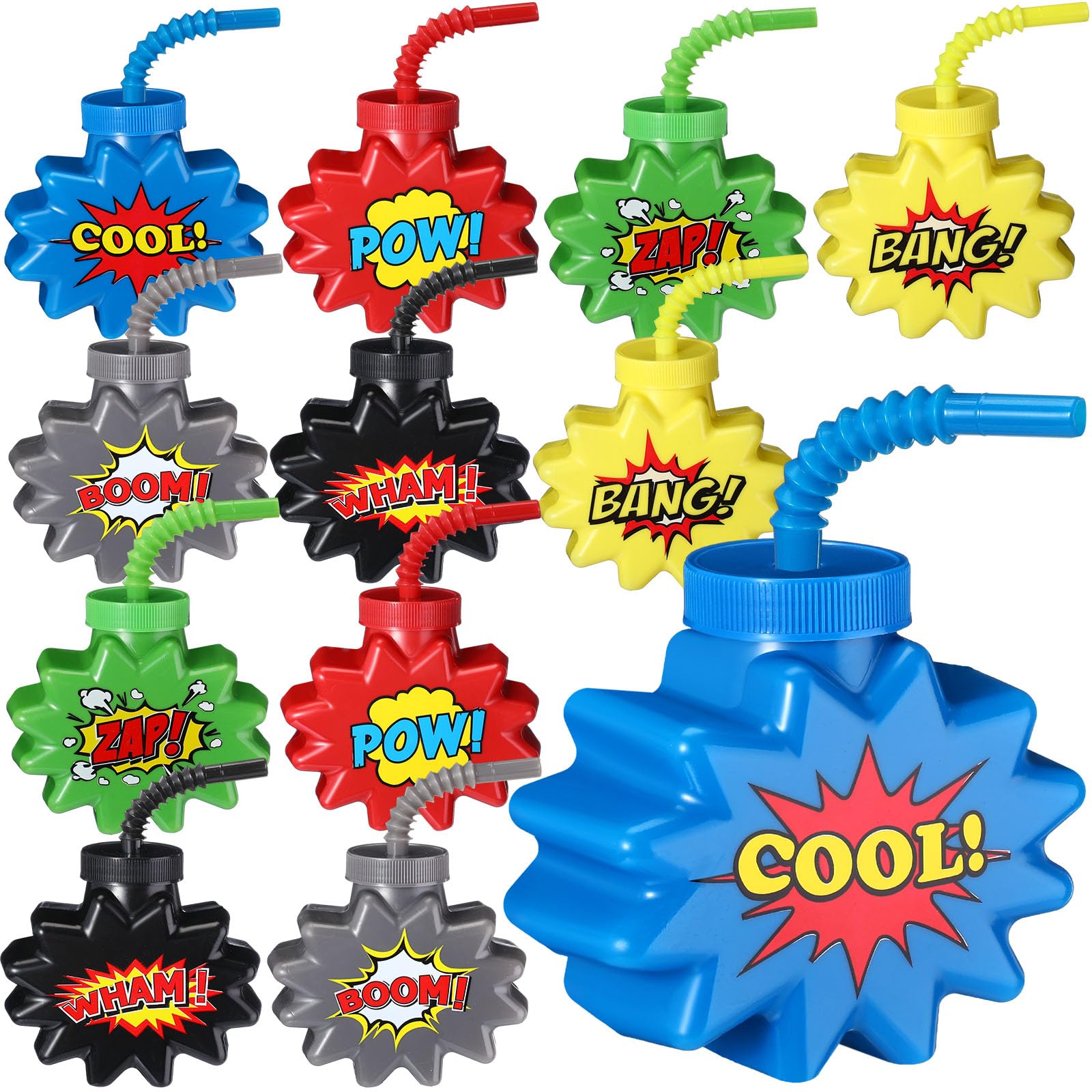 MaxcheckHero Comic Themed Party Favor Gift Supplies Hero Cups with Straws and Lids,10 oz Plastic Cup for Pow Zap Bang Wham Boom Bulk Birthday Party Favor Supplies(12 Sets)