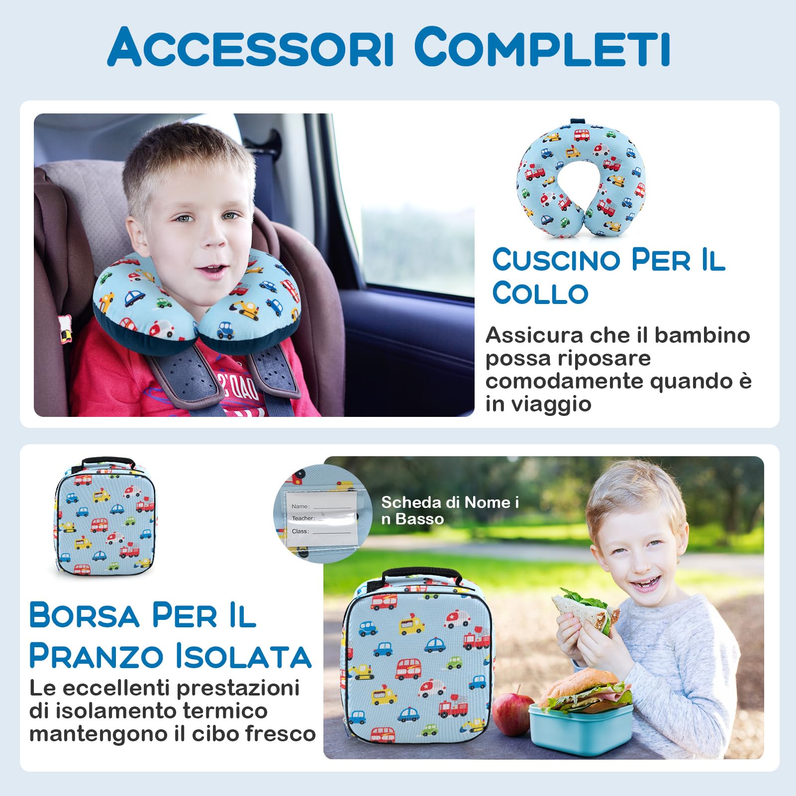 GYMAX Set Valigie per Bambini da 5 Pezzi con Trolley 38 cm, Zaino 33 cm, Cuscino per il Collo, Borsa per il Pranzo Isolata, Etichetta per Bagagli, per Viaggio Scuola (Auto)
