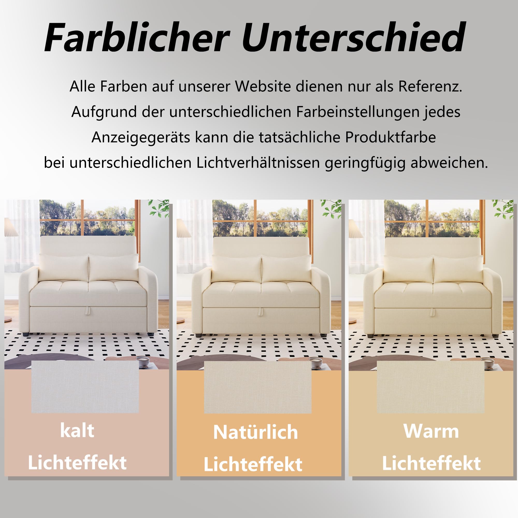 HAINEW Moderner Klappbares Schlafsofa Couch Sofa mit Schlaffunktion, 2-Sitzer Polstersofa Polstermöbel mit Verstellbares Rückenlehne und Armlehnen für Wohnzimmer, Schlafzimmer, Wohnung (Beige)