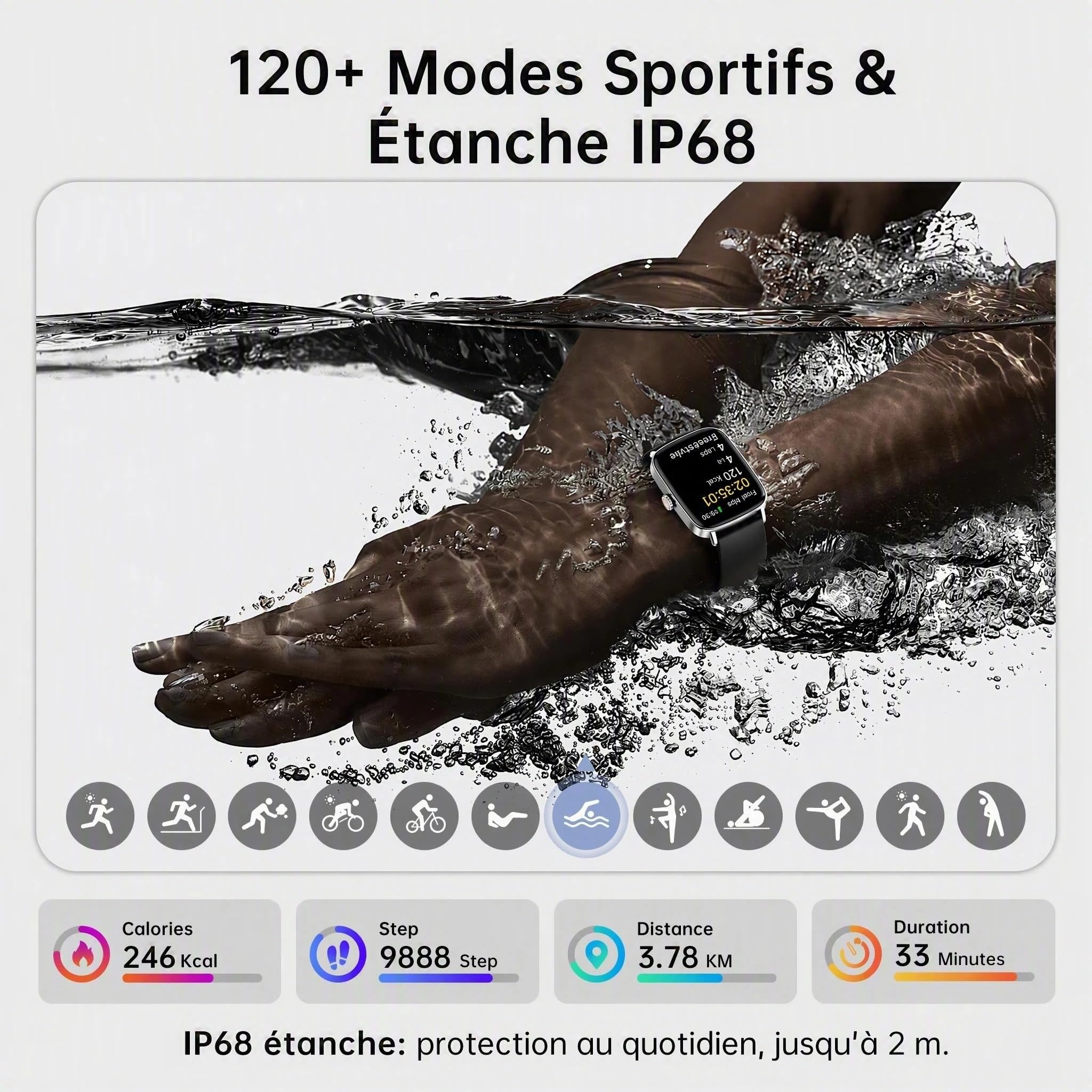 Montre Connectée Homme Femme pour Samsung, iPhone, Android, 1.85" Smartwatch avec Appel Bluetooth, Voix de l'IA, Moniteur de Fréquence Cardiaque/Sommeil, IP68 Étanche, 120+ Modes Sport, Podometre