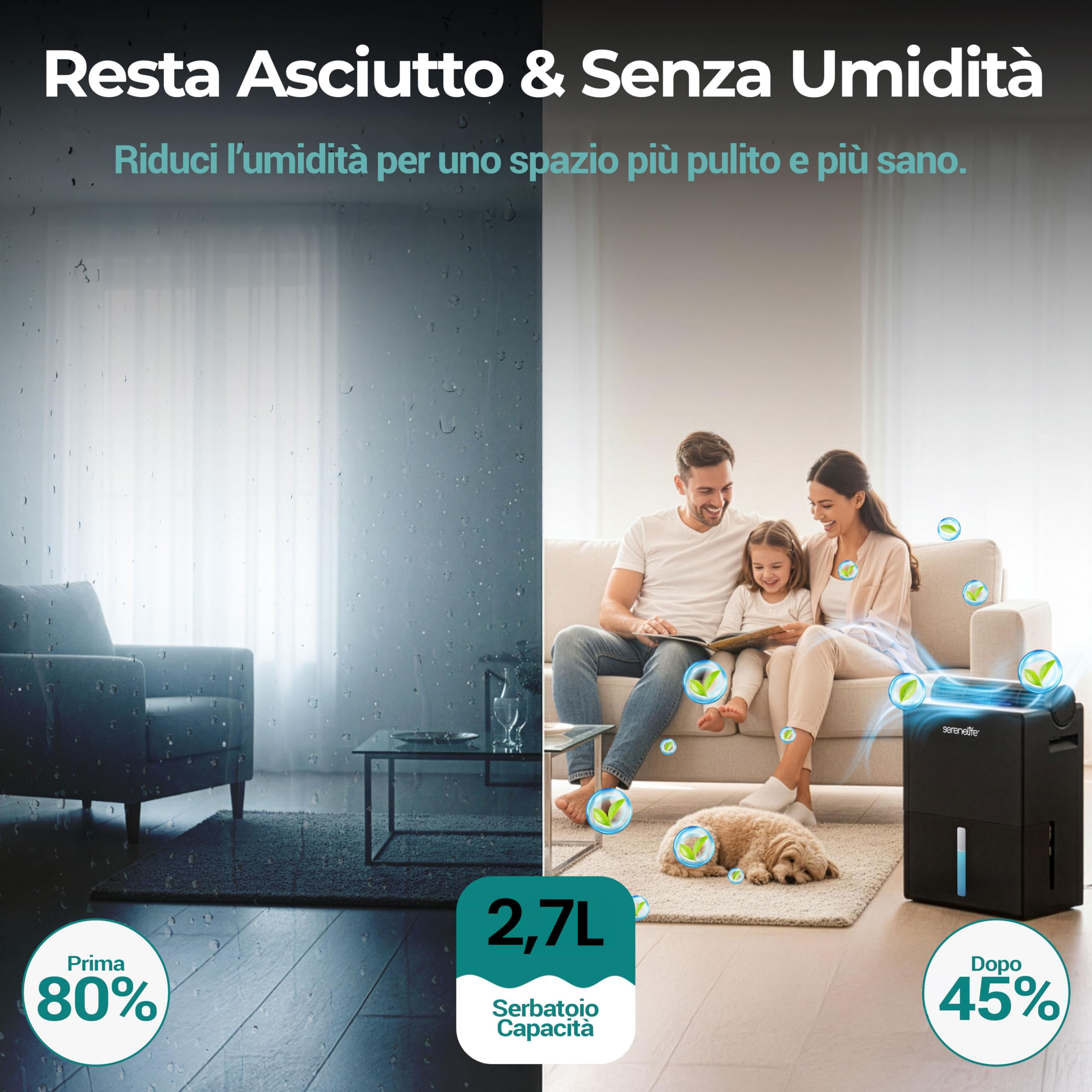 SereneLife Deumidificatore 2-in-1 Silenzioso, 2,5 L Serbatoio, Controllo Umidità Intelligente per Deumidificatore Casa, Camera, Bagno, Cantina e Armadio
