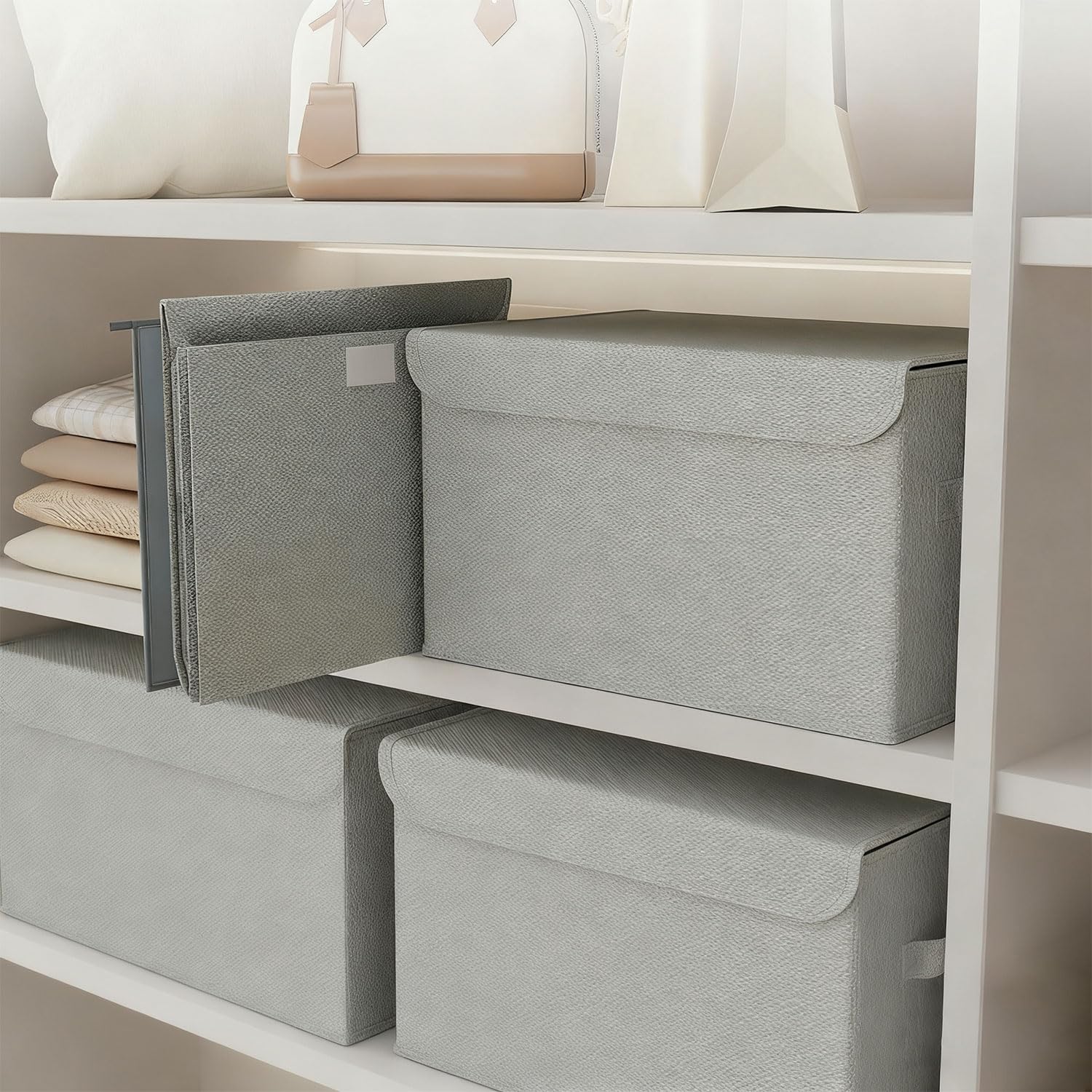 Caja de almacenamiento con tapa, juego de 4 cajas de almacenamiento plegables con asas, 26 cm de largo x 21 cm de ancho x 17 cm de alto, tela no tejida, almacenamiento para ropa, juguetes, libros