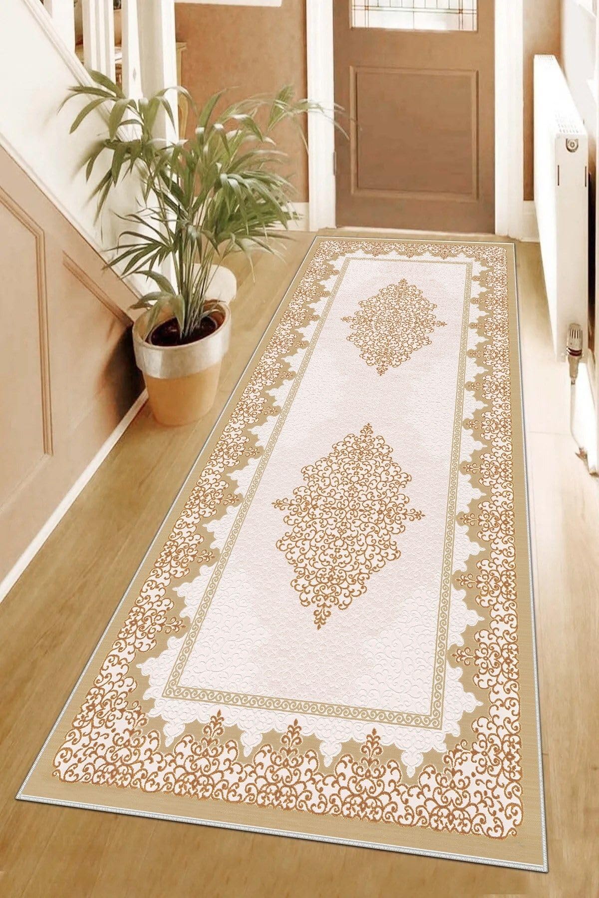 Pelangi Osmanlı Desen Göbekli Dijital Baskı Yıkanabilir Kaymaz Taban Klasik Salon Halı ve Yolluk, Bej 100 x 350, 95543251003507
