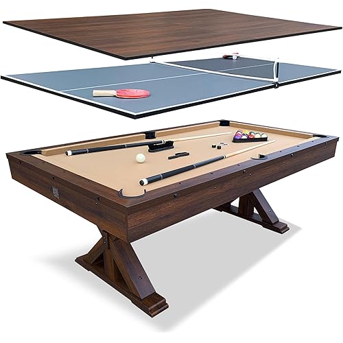Freetime Fun 7 FT 3 in 1 Multi Game Pool Table with Dining Top Pool Table Ping Pong Table Combo, Includes Accessories and Tennis Paddles.