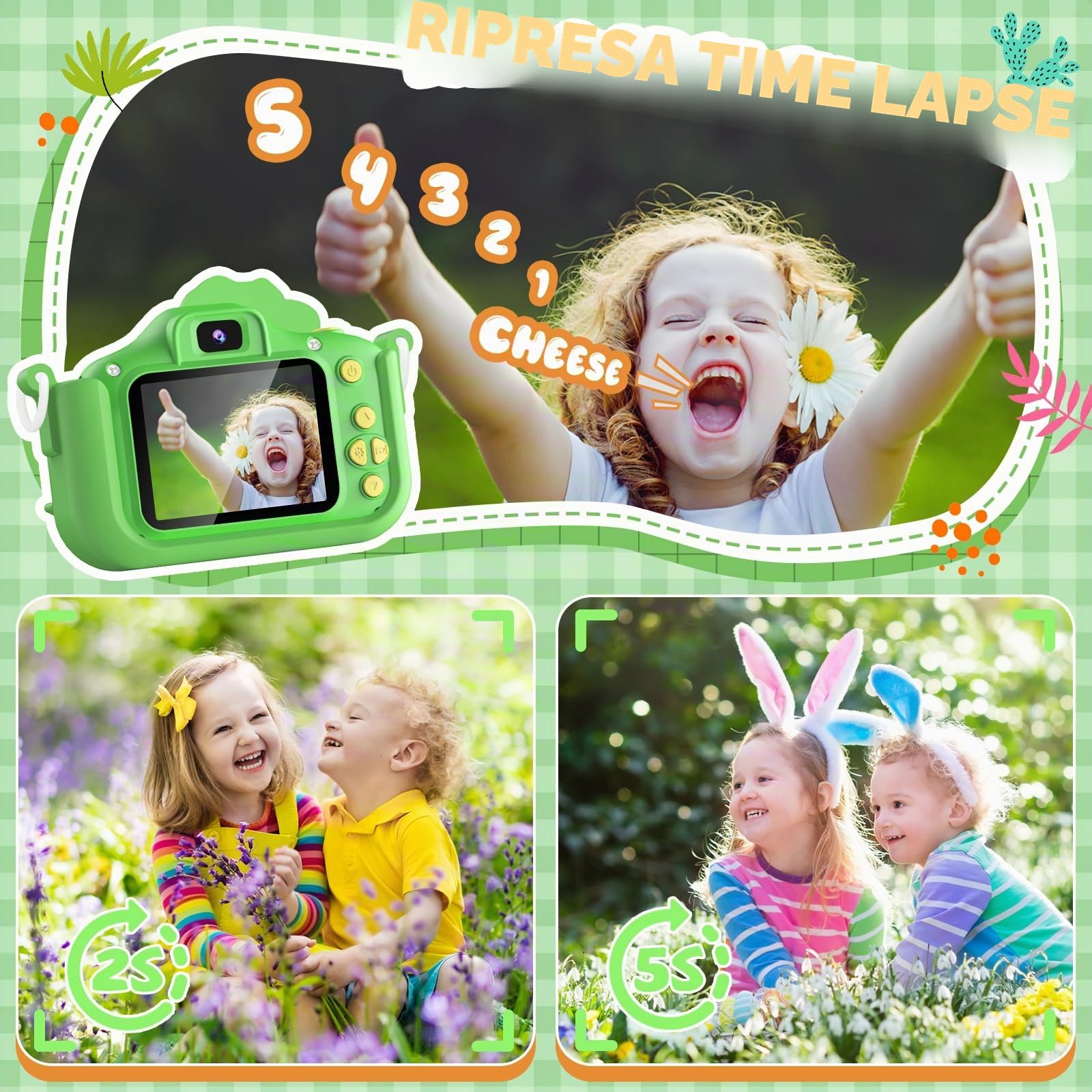 Macchina Fotografica Bambini 3-12 Anni, 48MP Digitale Fotocamera Bambini con Scheda 32 GB, Gioco Regali Natale & Compleanno per Bambino Bambina 3 4 5 6 7 8 9 10 Anni, Cappuccio di Dinosauro (Verde)