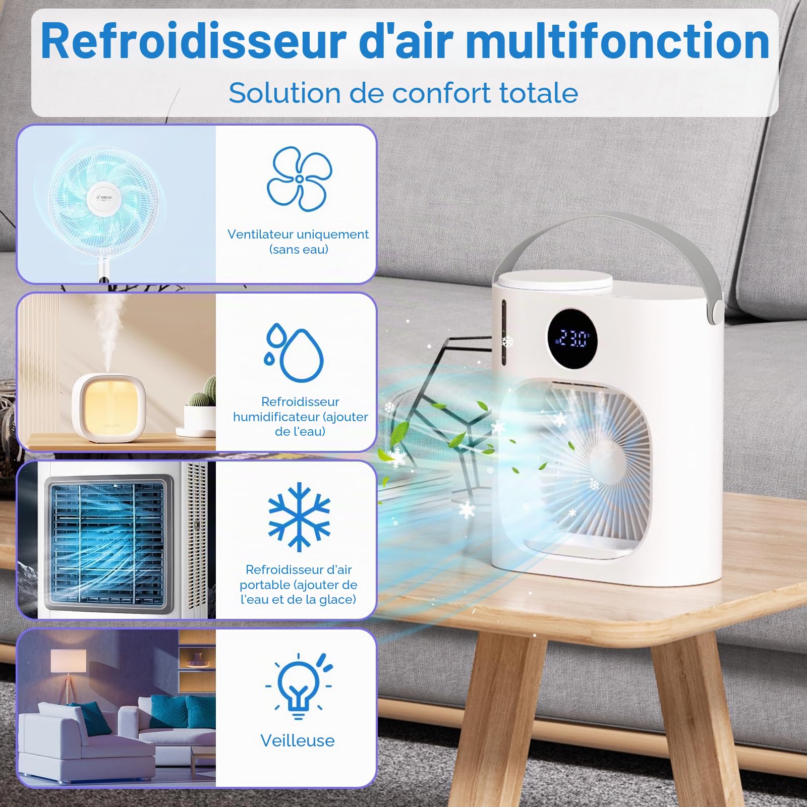 Mini Climatiseur Portable 4 en 1, Petite Clim avec Télécommande, 4 Vitesses, 1500 ml, Minuterie 1/2/3 H, 7 LED Couleur, USB, Ventilateur Brumisateur pour Chambre Coucher (Blanc-2)