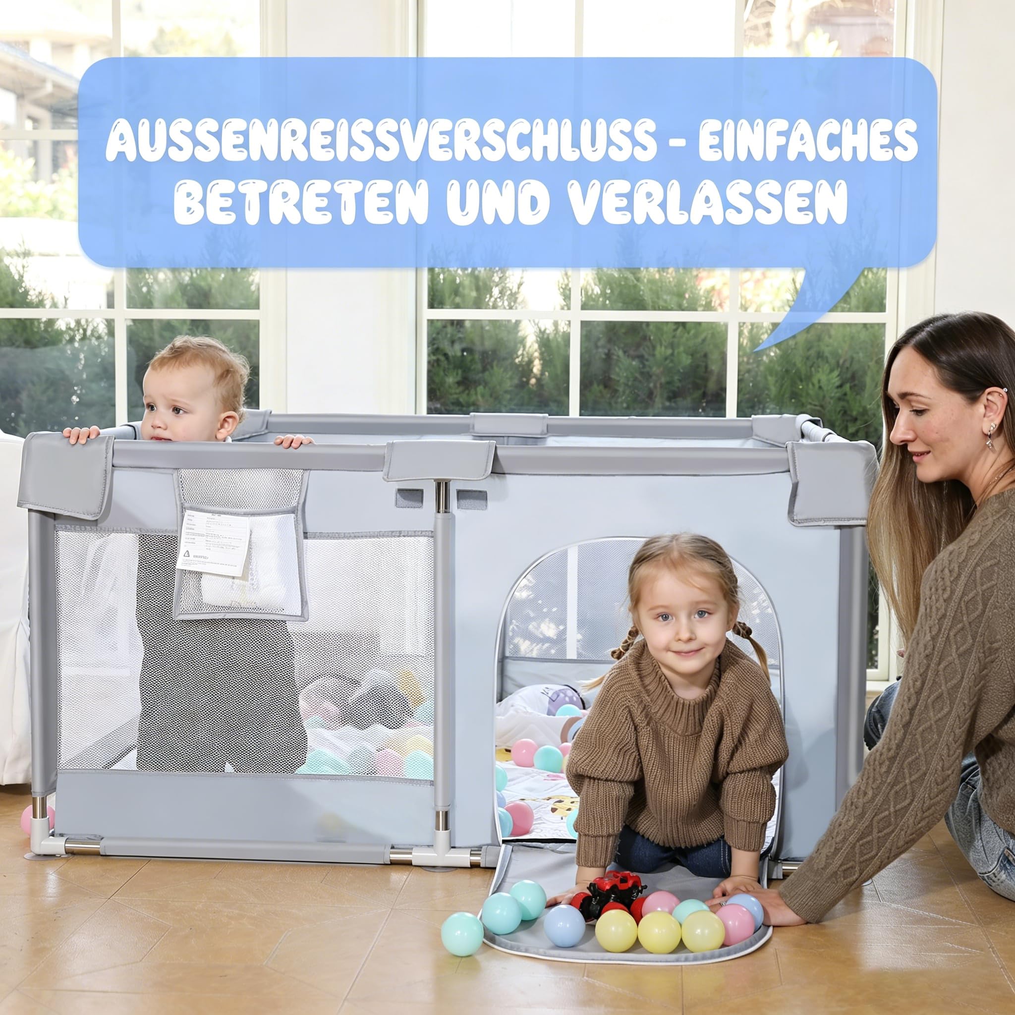DAMNISS Laufstall Baby, 120x180cm Laufgitter Baby, Atmungsaktivem Mesh, Baby Playpen mit Reißverschlusstür und Tragetasche,8 rutschfesten Saugnapf-Füßen, Innen und Außenbereich, Grau