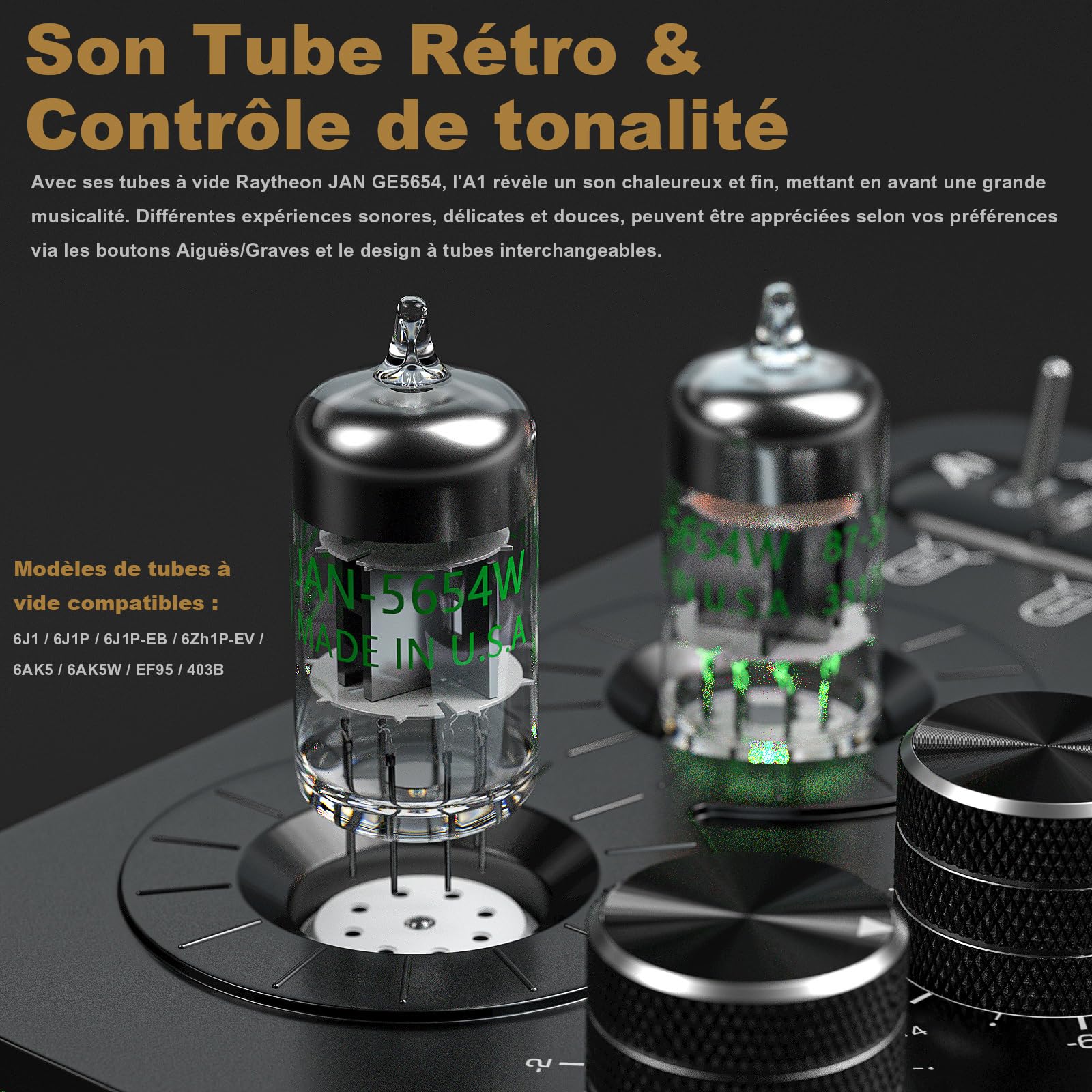 A1 Préampli Phono à Tube: Vide Ampli Casque, Préamplificateur Audiophile Hi-FI pour Tourne-Disque MM avec Contrôle de Tonalité pour Système Audio Stéréo Domestique
