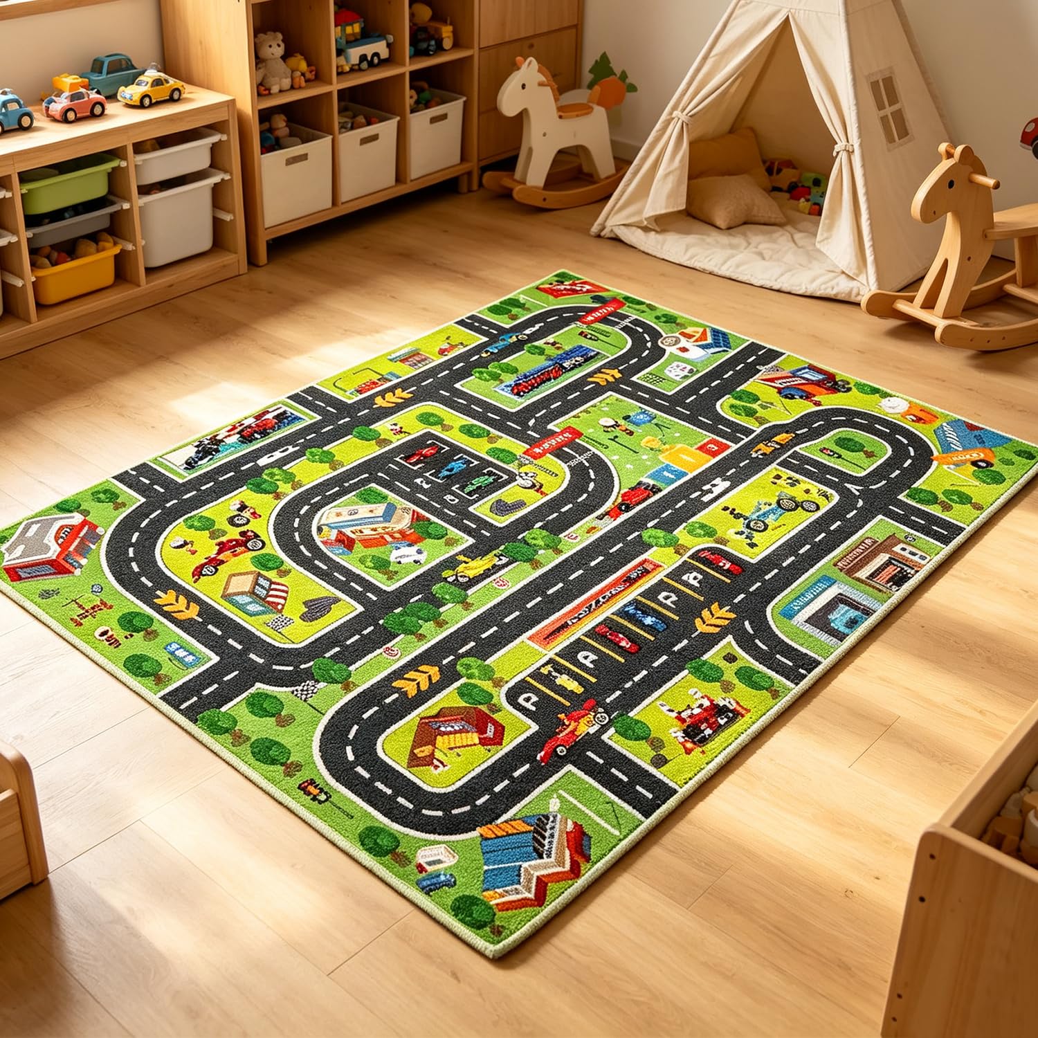Spiritzohic Car Rug, Car Play Mats Non-Slip Road Mat Cars Rug City Playmat Rugs Cars Play Mat with Non-Slip Base Plays Carpet Floor Mats for Nursery Room Bedroom Playroom Classroom Decor(60x90cm)