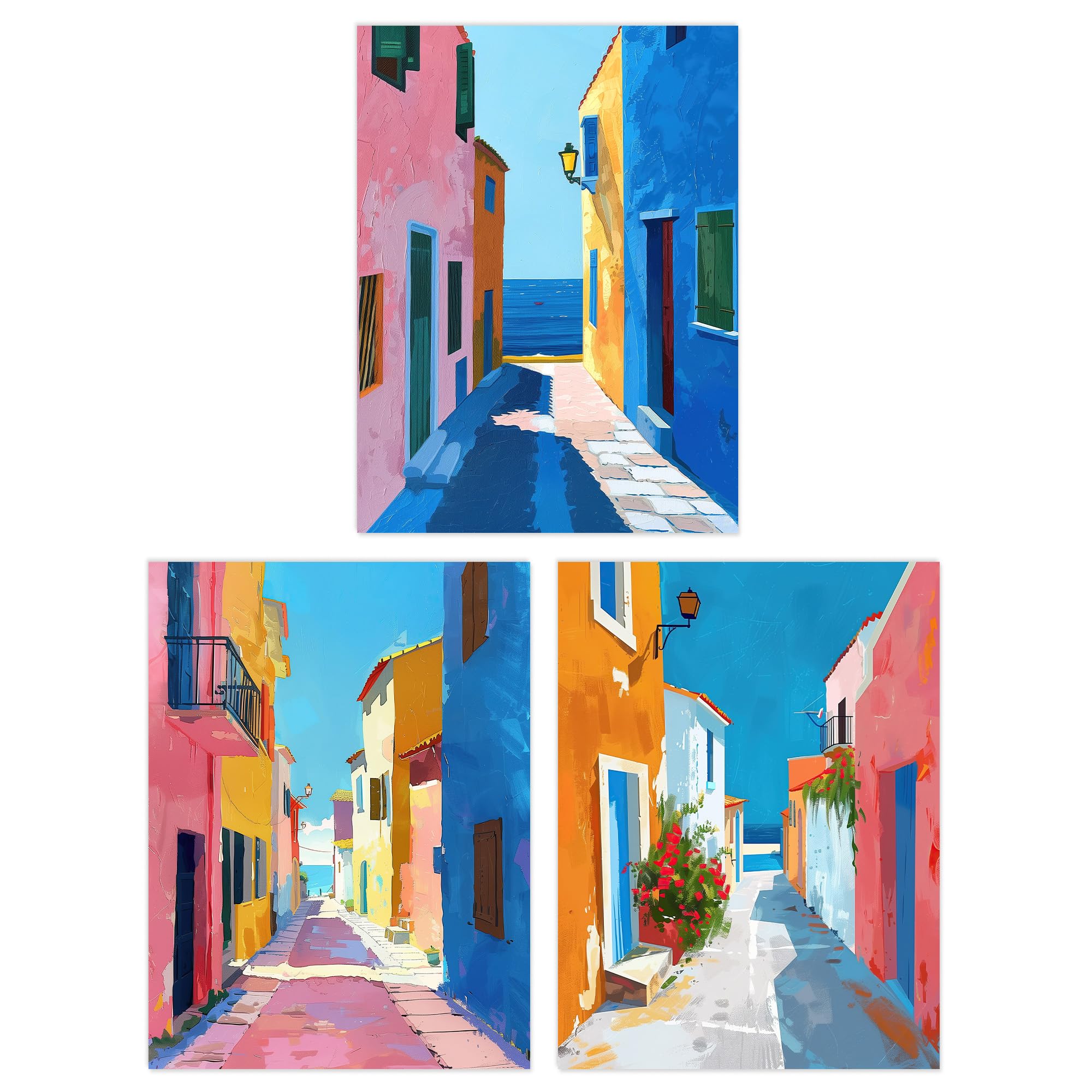 Wee Blue Coo Set of 3 Prints Colourful Village Sea Greek Spanish Living Room Poster Wall Art A4