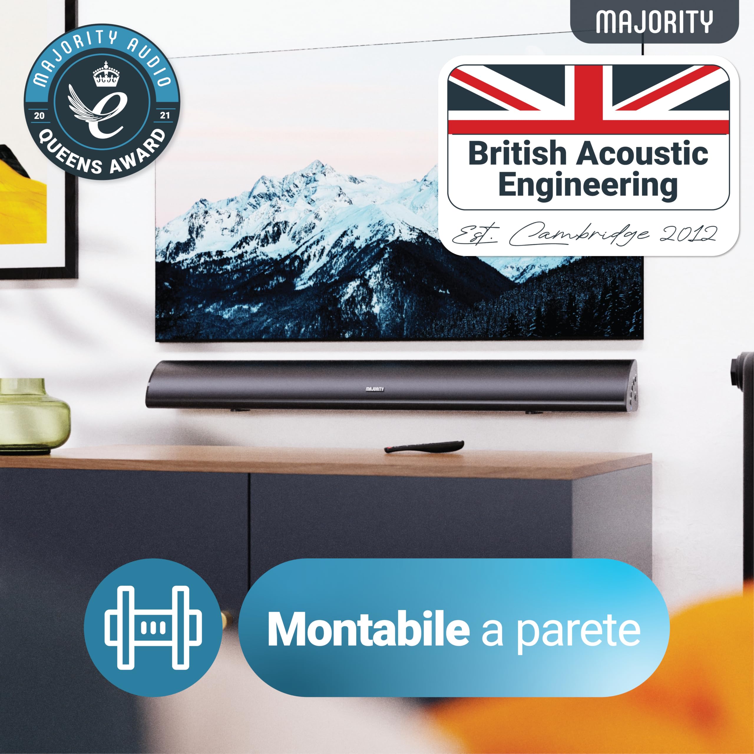 Majority Barra Soundbar TV con Subwoofer Integrato | 2.1 Home Theater | 120W Cassa TV Sound Bar | Casse Bluetooth con Connessione RCA, ottica e AUX | Altoparlanti Montabile a Parete Snowdon