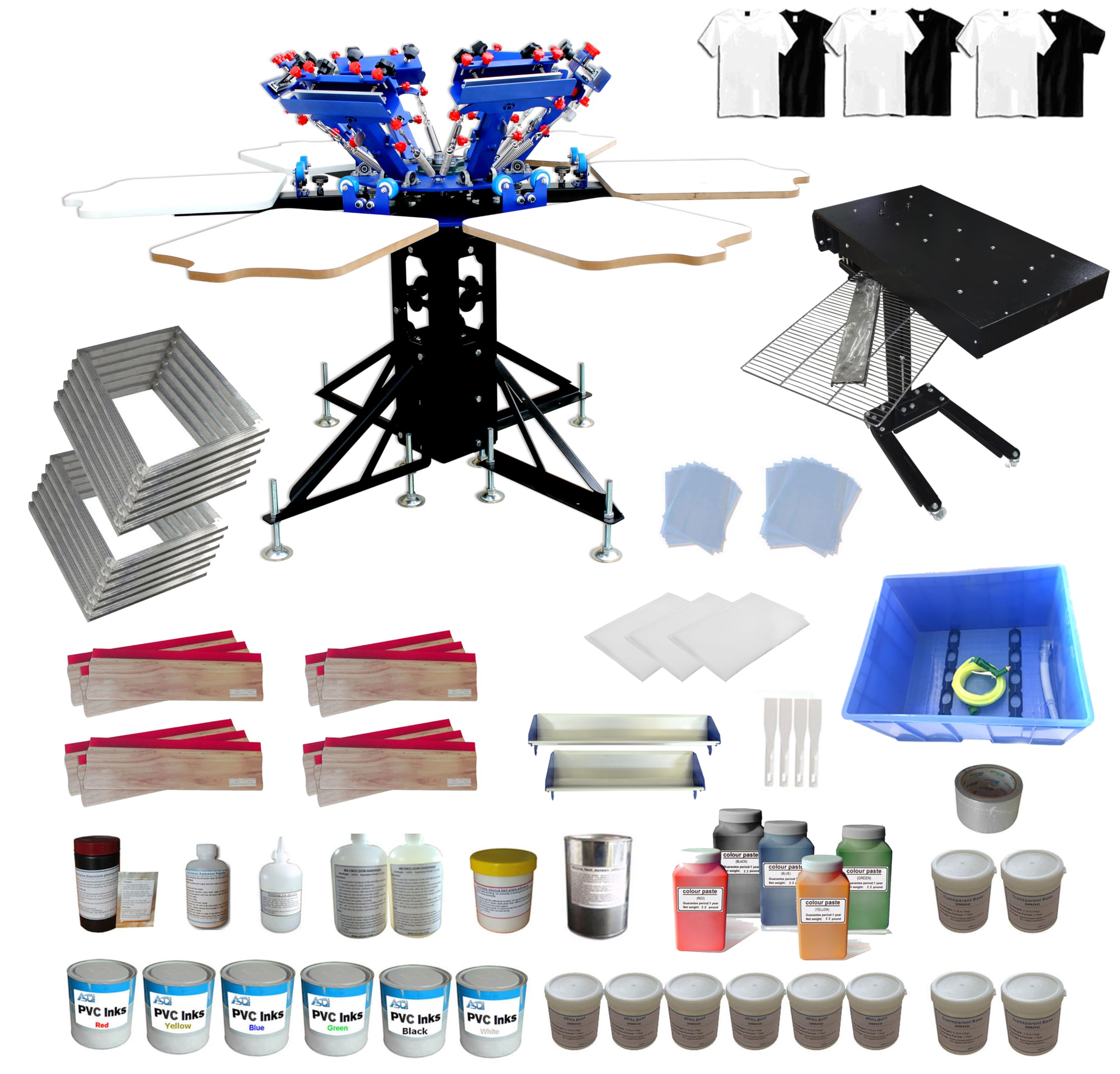 TECHTONGDA 6 Color 6 Station Screen Printing Press Micro-Registration Kit with Flash Dryer Washout Tank Squeegee Mesh Frame Accessories