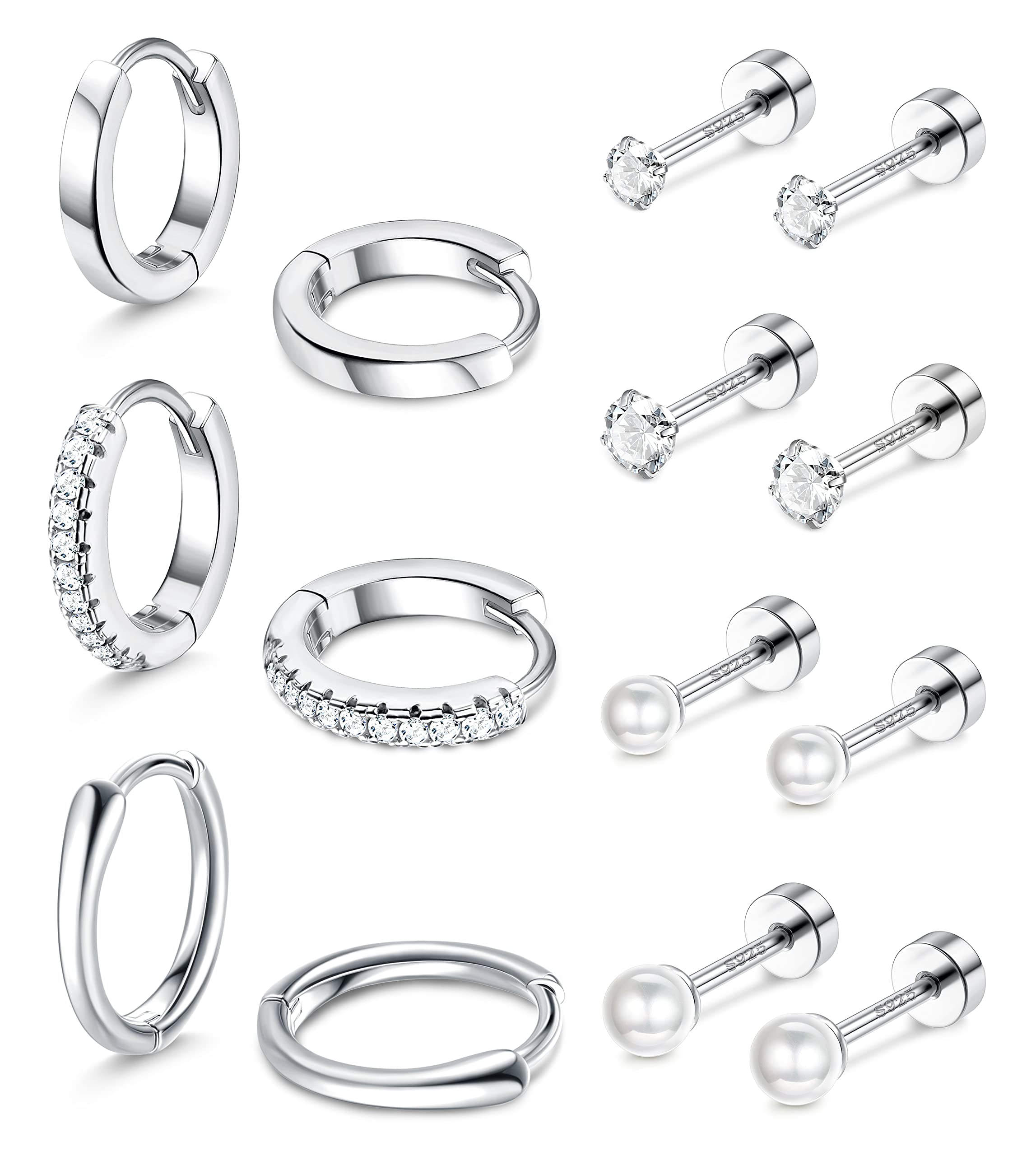 Jstyle7 Pairs Sterling Silver Studs Earrings Set for Multiple Piercing Hoops Set Flat Back Cartilage Earrings Tiny Cubic Zirconia pearl Studs Earrings for Women, Sterling Silver, Cubic Zirconia,