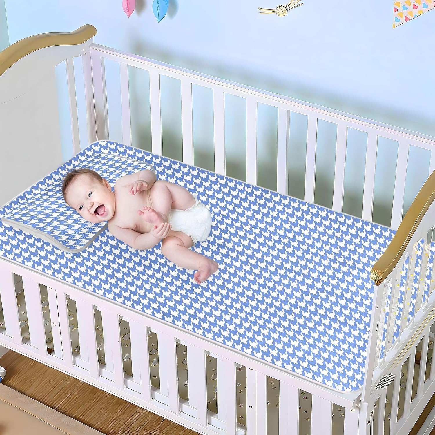 Classical Blue White Houndstooth Cooling Baby Mattress Cover 28" x 52" Washable Bed Pads for Kids for Toddler