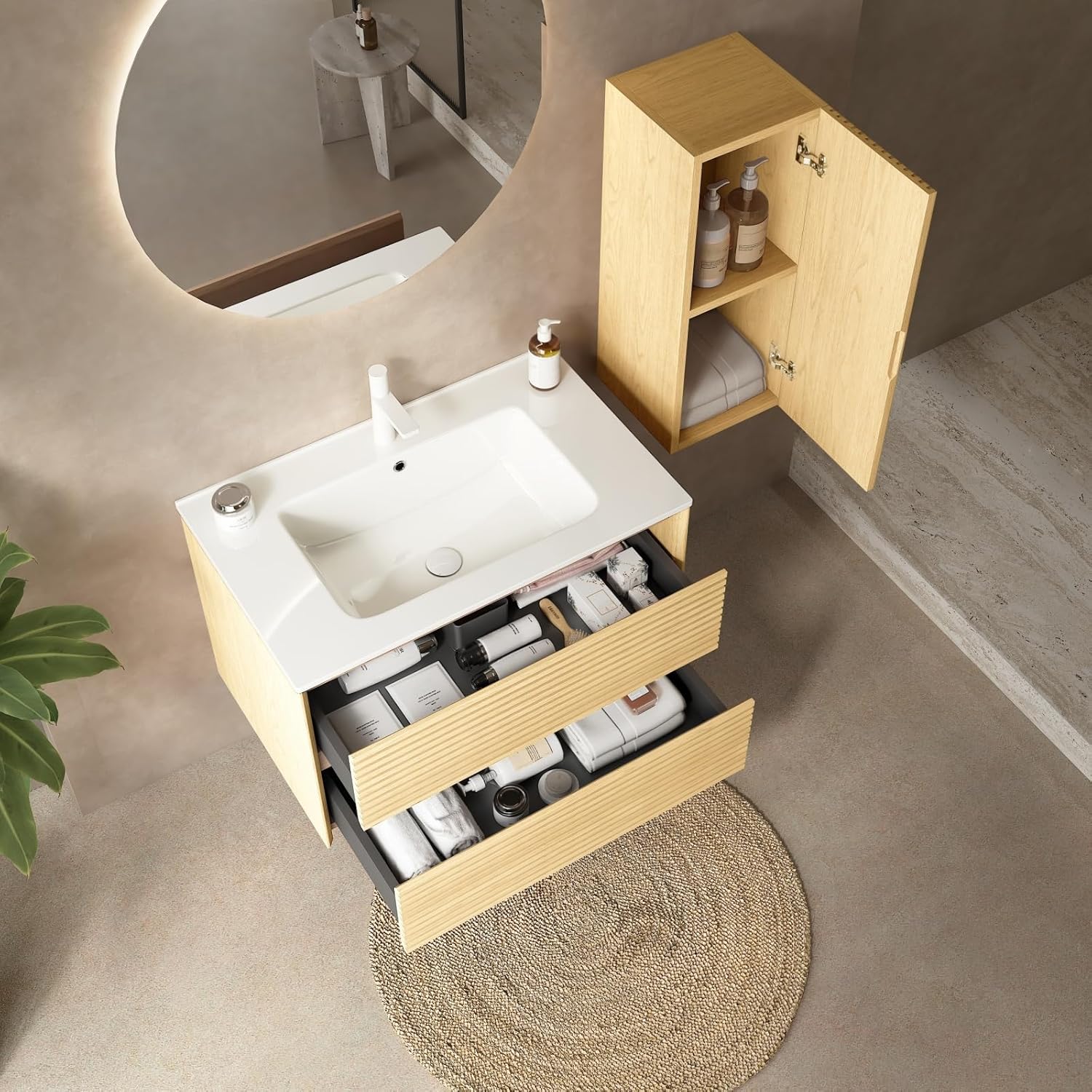 12" Wall-Mounted Cabinet for Bathroom Storage, Striped Bathroom Vanity Side Cabinet with a Door and a Shelf, Corolla Oak