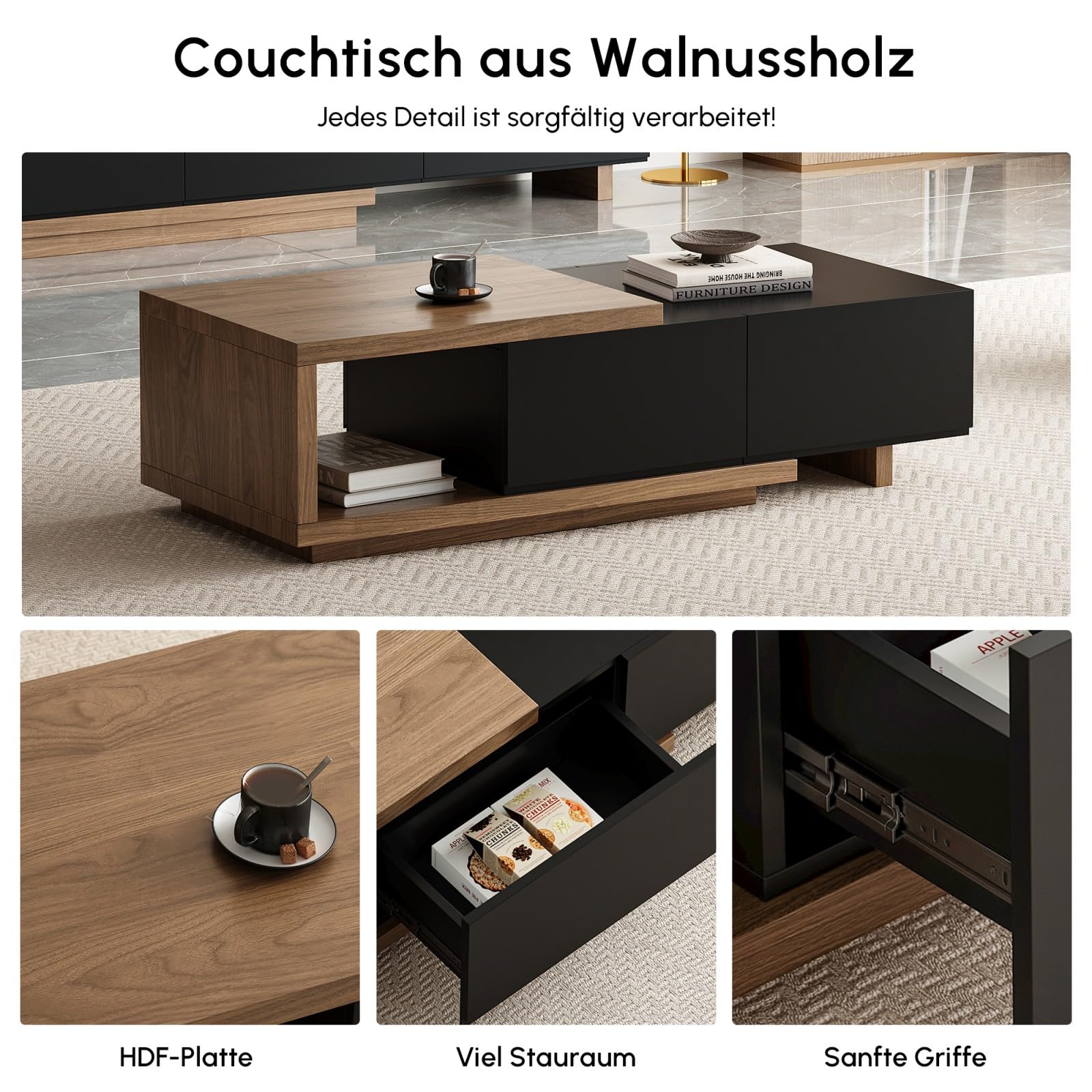 Homary Ausziehbarer Couchtisch aus Walnussholz 120 cm-175 cm mit 2 Schubladen, strapazierfähige Tischplatte, Elegantes Wohnzimmermöbel für kleine Räume (Schwarz und Walnuss)