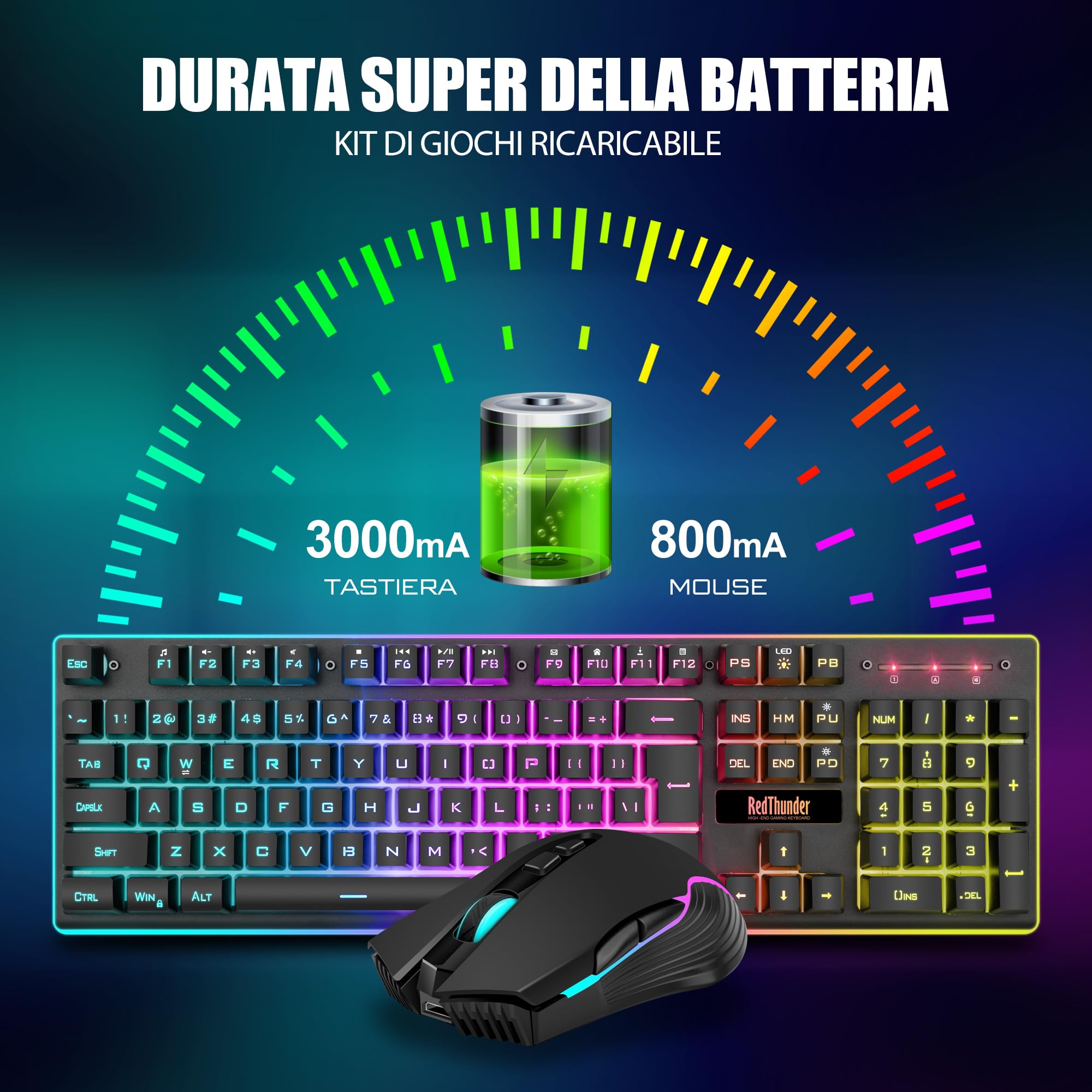 RedThunder K10 Set Tastiera e Mouse da Gioco Wireless, Retroilluminazione a LED, Batteria Ricaricabile da 3800 mAh, Sensazione Meccanica, Anti-Ghosting+Mouse 7D 3200DPI, Layout IT QWERTY, Giocatori PC