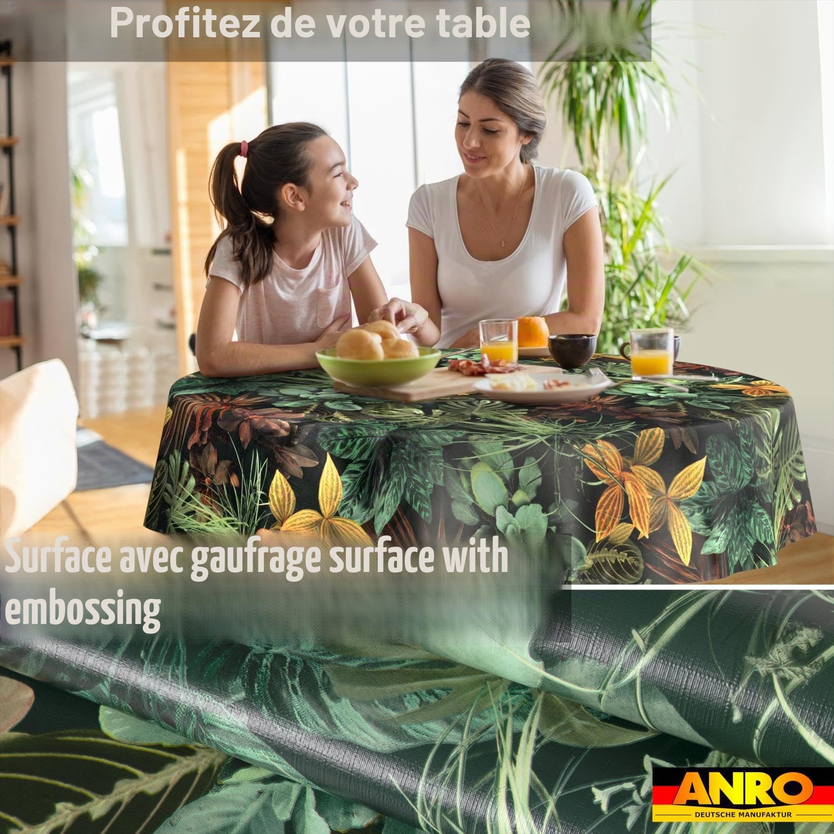 Nappe en Toile cirée Lavable, Facile d'entretien, imperméable, Effet Lotus, Nappe de Jardin, Motif Tropical, Ronde, 140 cm, Bord coupé