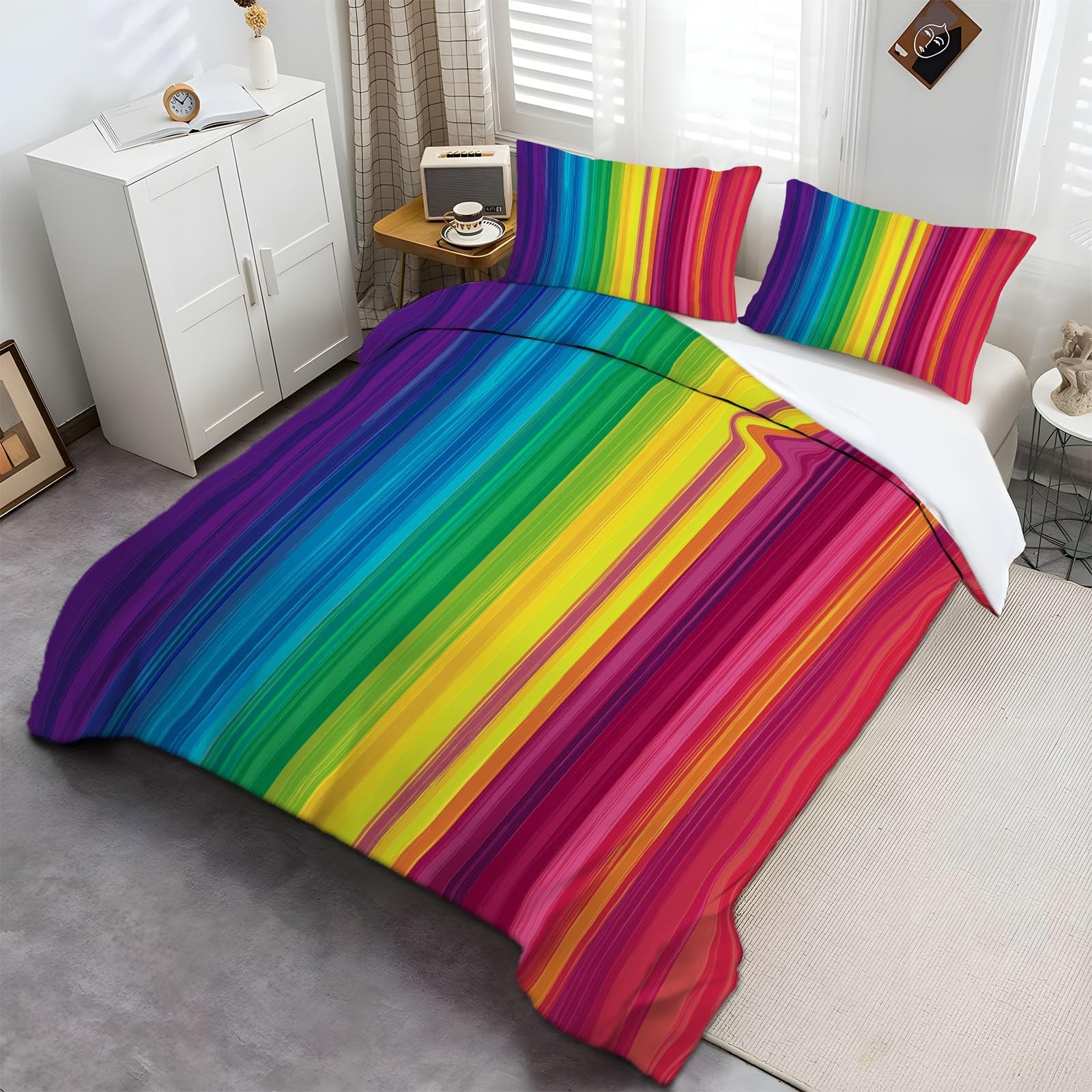 Zestaw pościeli z gradientem tęczowym, 220 x 240 cm, kolor pościeli, dla chłopców i dziewczynek, miękka, oddychająca, z mikrofibry, zestaw z zamkiem błyskawicznym