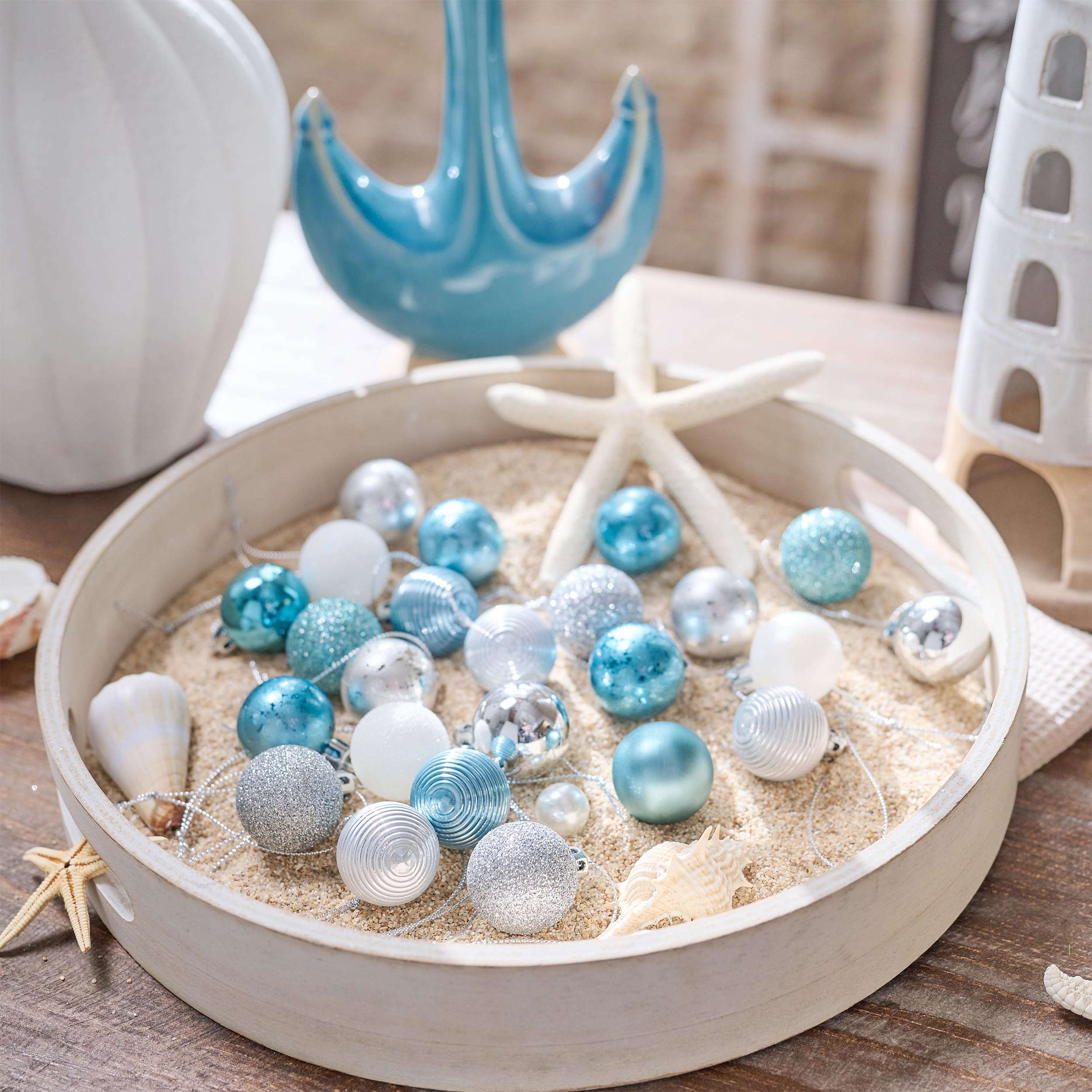 Valery Madelyn 100ct Mini Summer Beach Ornaments Tree Decorations Set, 1.18 Inches Light Blue Silver Shatterproof Christmas in July Coastal Ocean Nautical Marine Hanging Balls Bulk for Holiday Decor