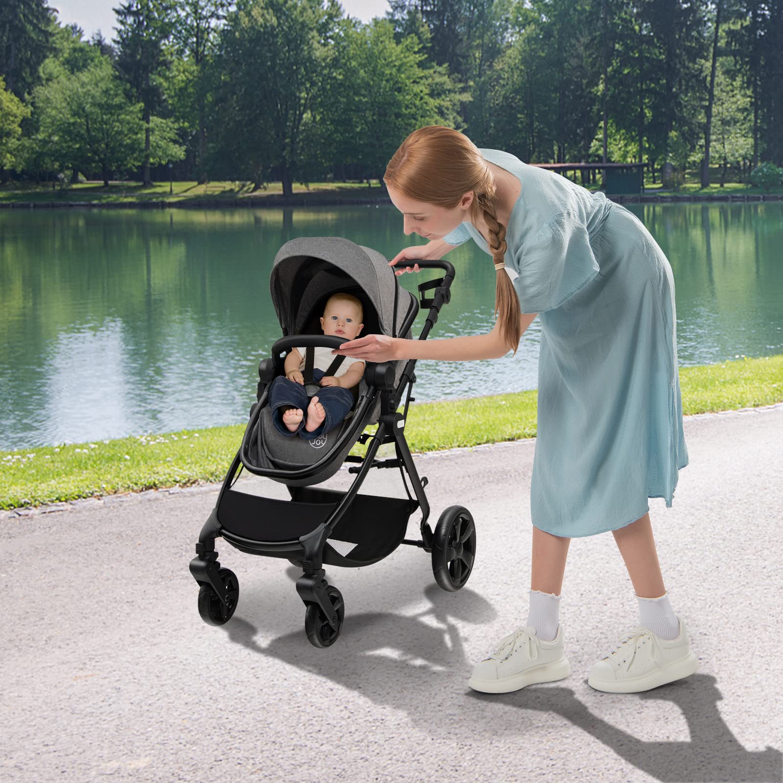 COSTWAY 2 en 1 Poussette Canne Bébé 6-36 Mois avec Auvent & Dossier Réglable, Poussette Haute Paysage Légère avec Siège Réversible, Roues avec Frein, Pliable à une Main, Charge 15kg