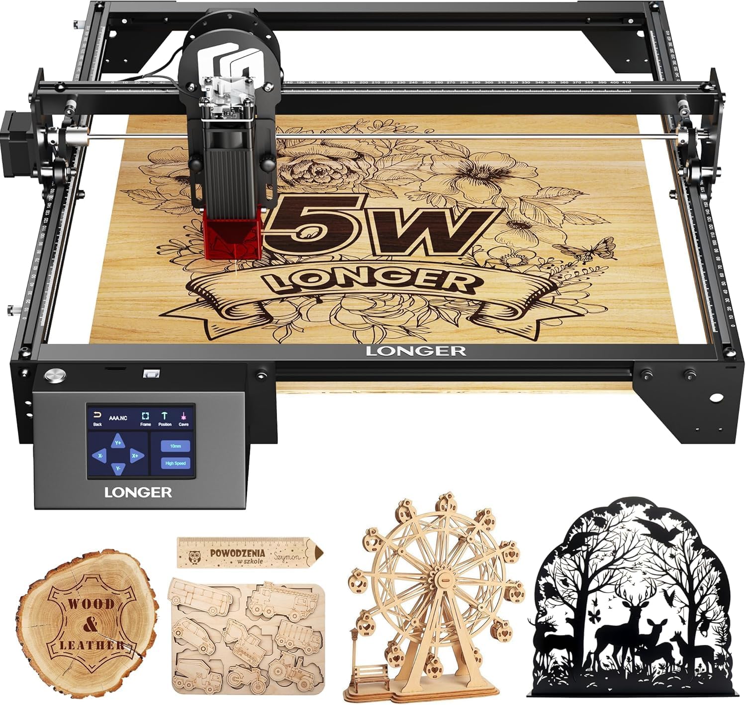 LONGER Laser Engraver Ray5 5000MW Higher Precision DIY Laser Engraving Machine for Wood Metal Acrylic Glass Leatherwith 3.5" Touch Screen, 400x400mm,0.08mm Laser Spot 10000mm/min 5w - Image 1 of 8