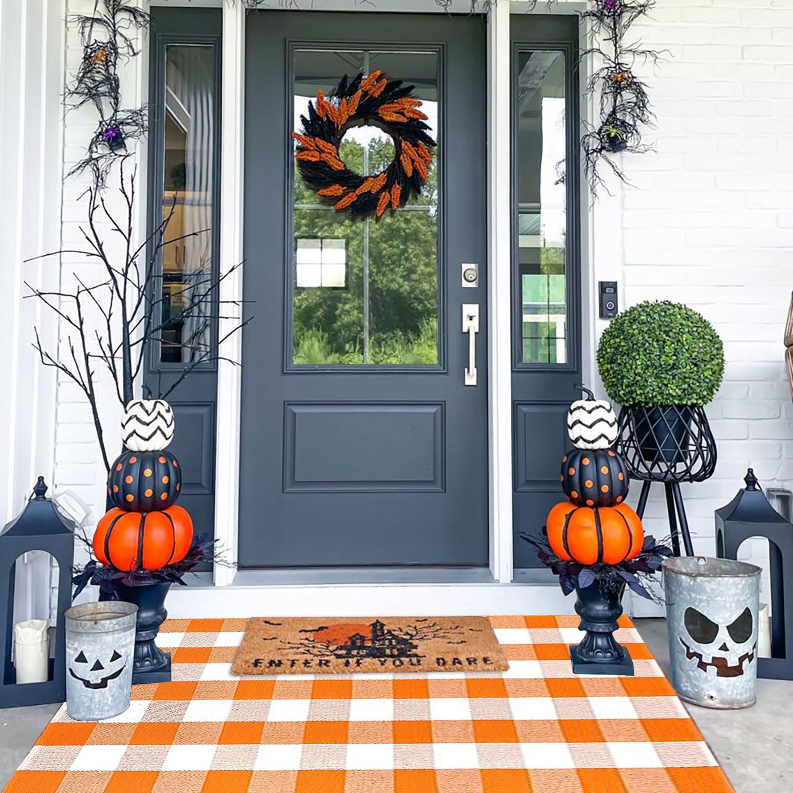 Buffalo Plaid Outdoor Rugs, 3'x5' Orange and White Checkered Indoor/Outdoor Area Rug, Layering Rug for Hello/Welcome Door Mat, Washable Cotton Woven Farmhouse Mat for Fall Front Porch D??cor