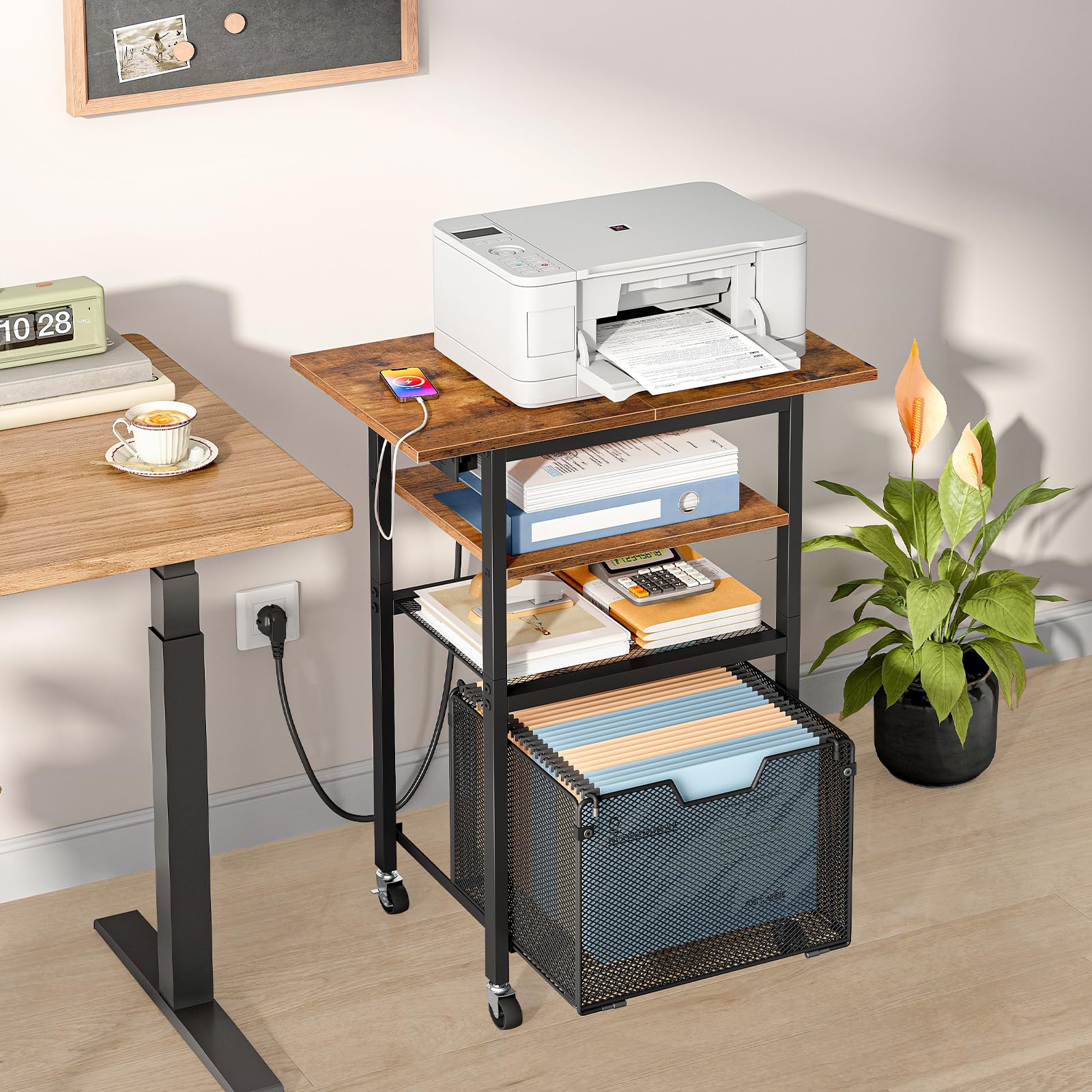 HOOBRO Soporte de Impresora con Estación de Carga, Mesa Rodante con Cajón para Documentos, Carrito Móvil de 4 Niveles con Toma CA, para Oficina, Marrón Rústico y Negro EBF17CPS01