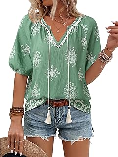 Womens Summer Boho Tops Casual V Neck Short Sleeve Blouses Floral Print ...