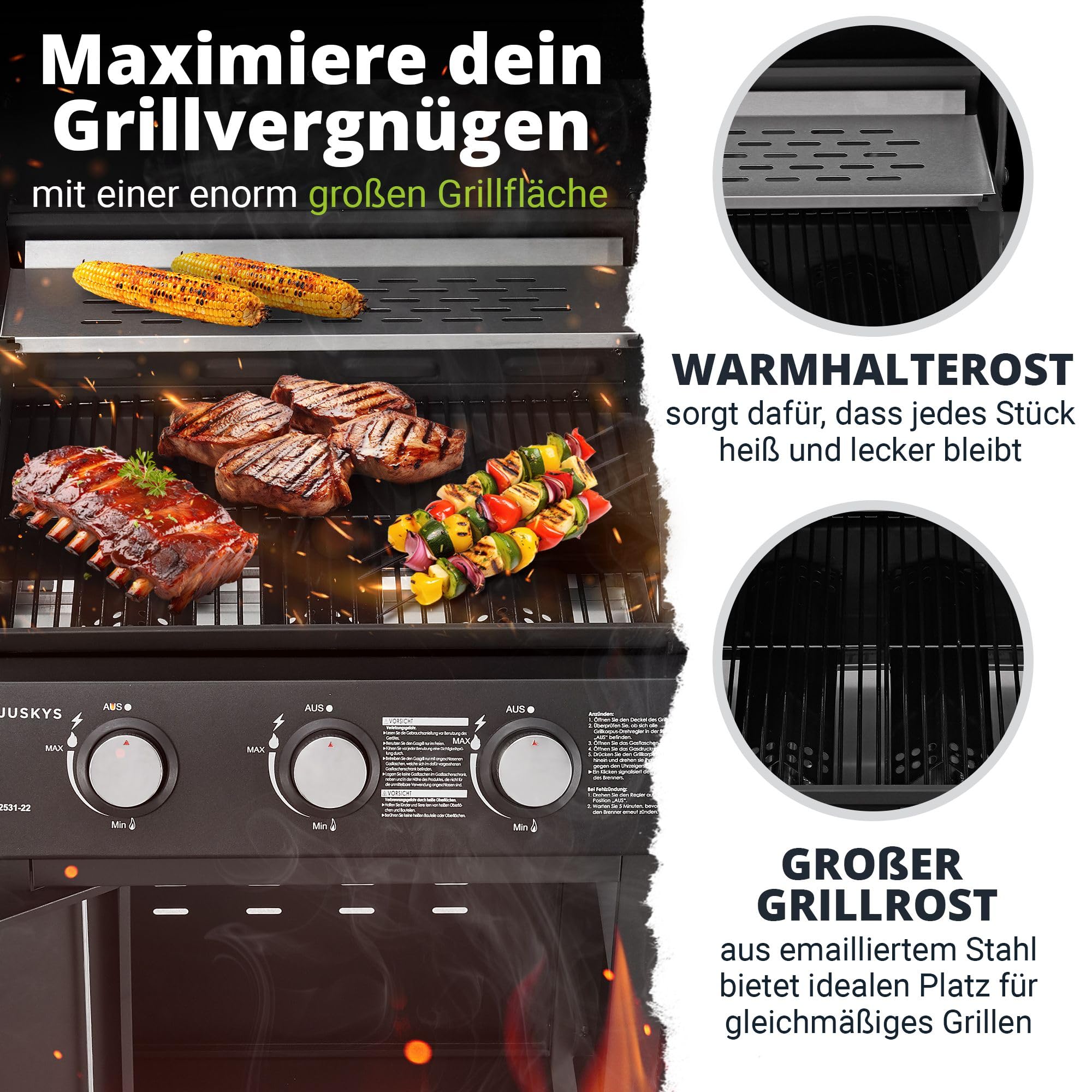 Juskys Gasgrill Louisiana 3 Brenner 8,1 kW – BBQ Grillwagen mit Deckel, Grillrost & Warmhalterost, Grill mit Thermometer, Seitenablagen & Abdeckplane