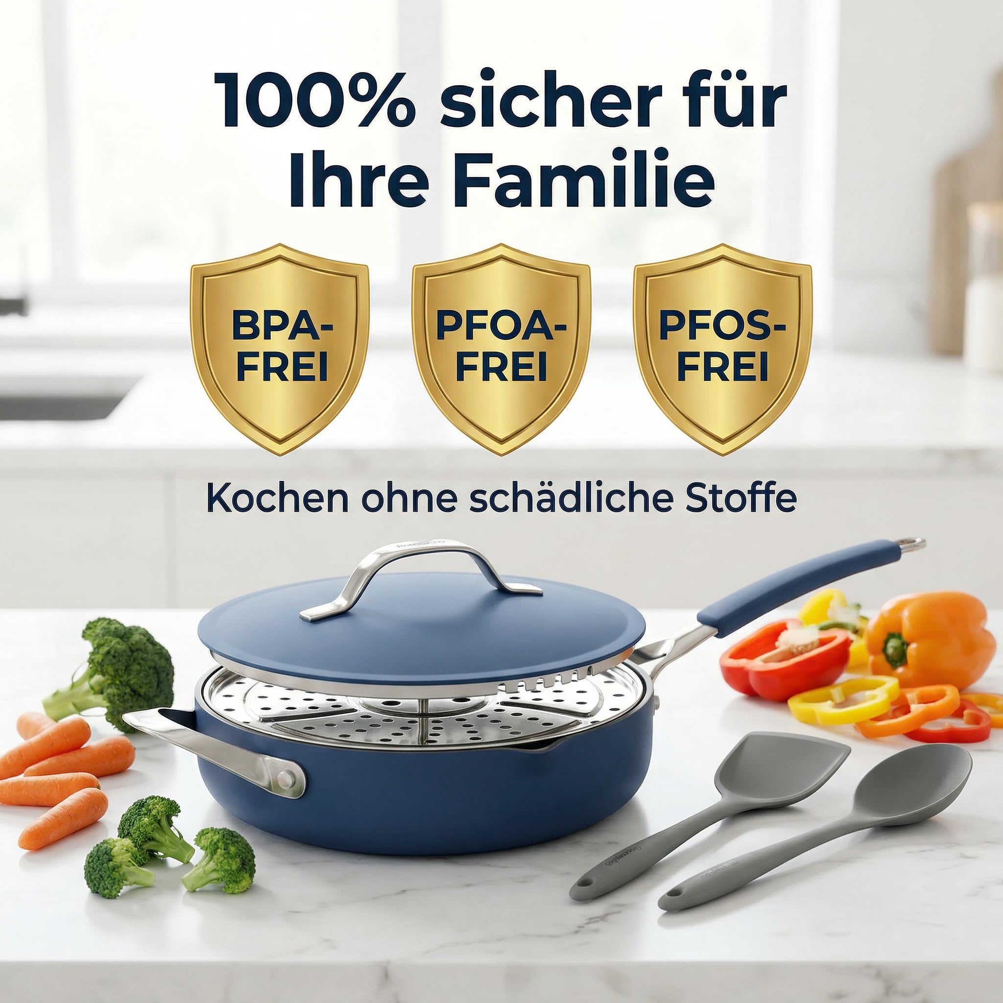 Rosmarino Chef's Choice patelnia wielofunkcyjna, 24 cm, kute aluminium, ILAG Swiss Ceramic, parowar, pokrywka i akcesoria, indukcja, niebieska