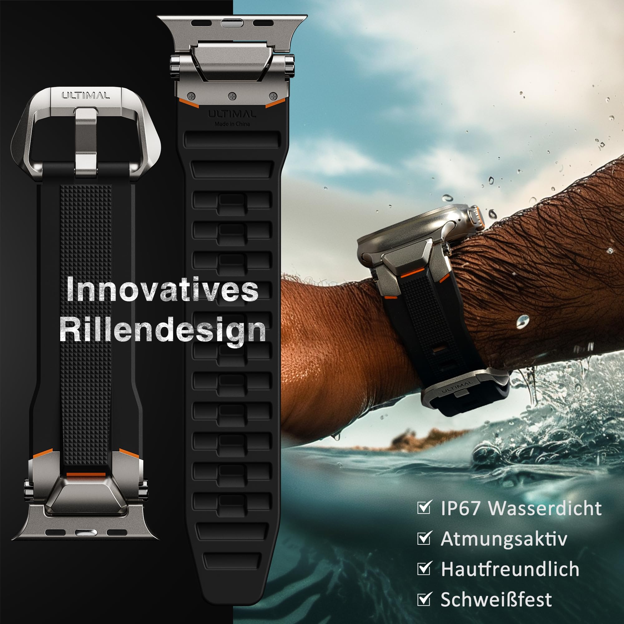 ULTIMAL Armband kompatibel mit Apple Watch Ultra 3/2/1 (49mm), Series 11/10/9/8/7/6/5/4 SE (46mm/45mm/44mm), Taktisches Herren-Armband, Robustes TPU Sportarmband, Wasserdicht, 155-225m Schwarz+Silber