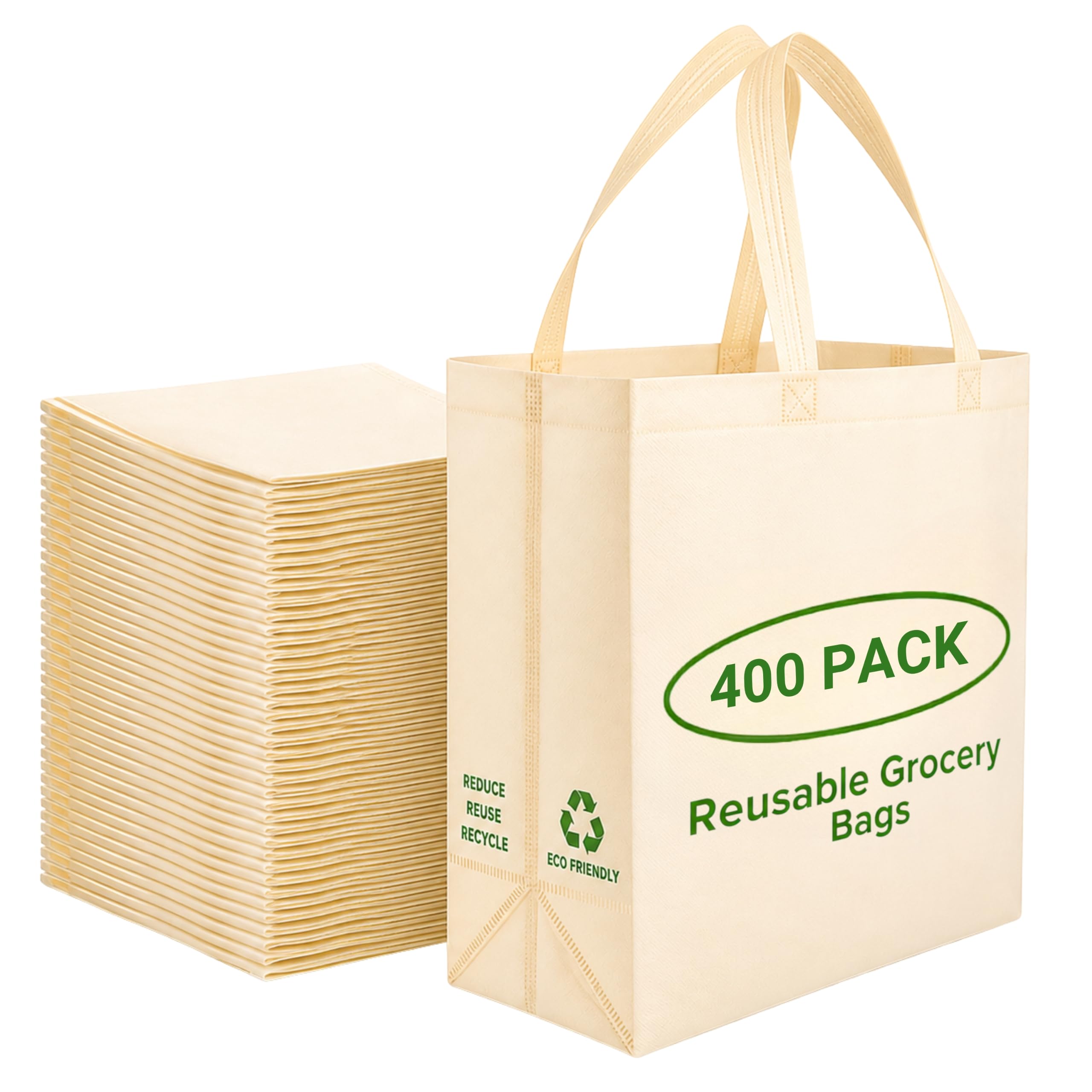 Simply Cool Reusable Grocery Bags Eco-Friendly - Reusable Shopping Bags, Heavy Duty Grocery Bags, 12.6"x6.3"x11.8" Foldable, Tote Bags Bulk (400 Pack, Cream)