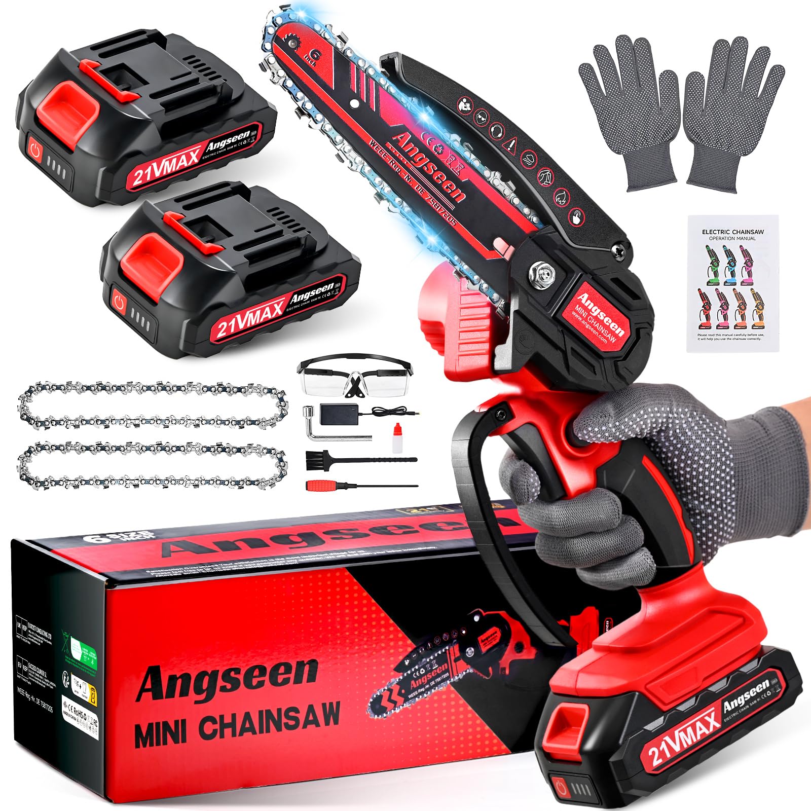 Mini Chainsaw Cordless 6 Inch, Electric Chainsaw with 2 Battery and 850W Motor, Small Battery Chainsaw with 2 Chains and Safety Lock, Light Weight Handheld Chainsaw for Wood Cutting Tree Trimming