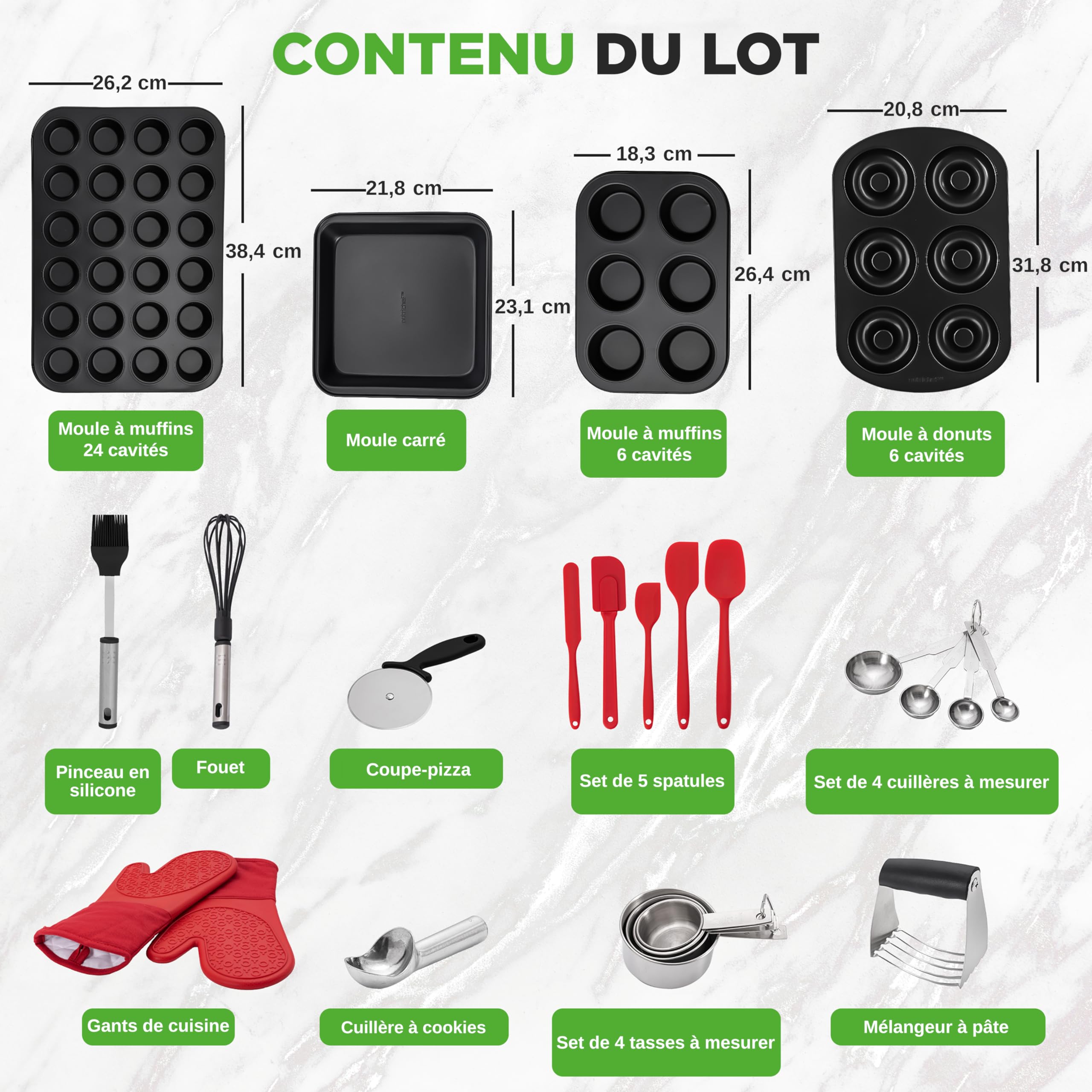 NutriChef Set Complet 42 pcs de Pâtisserie – Acier Carbone, Moules, Outils, Gants, Idéal pour Pâtisserie & Cuisine Quotidienne, Noir