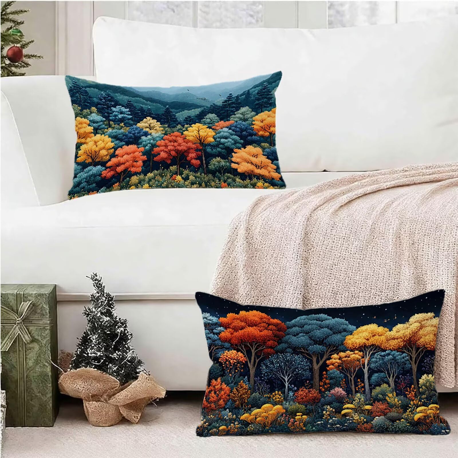 Federe Cuscino 60x80 Set di 2, Foresta Federe Cuscini Divano Lino, Rettangolari Copricuscini 60x80cm Con Cerniera Invisibile, Copricuscino per Camera Letto Casa Decorazioni Regalo, Paesaggio kj-9178