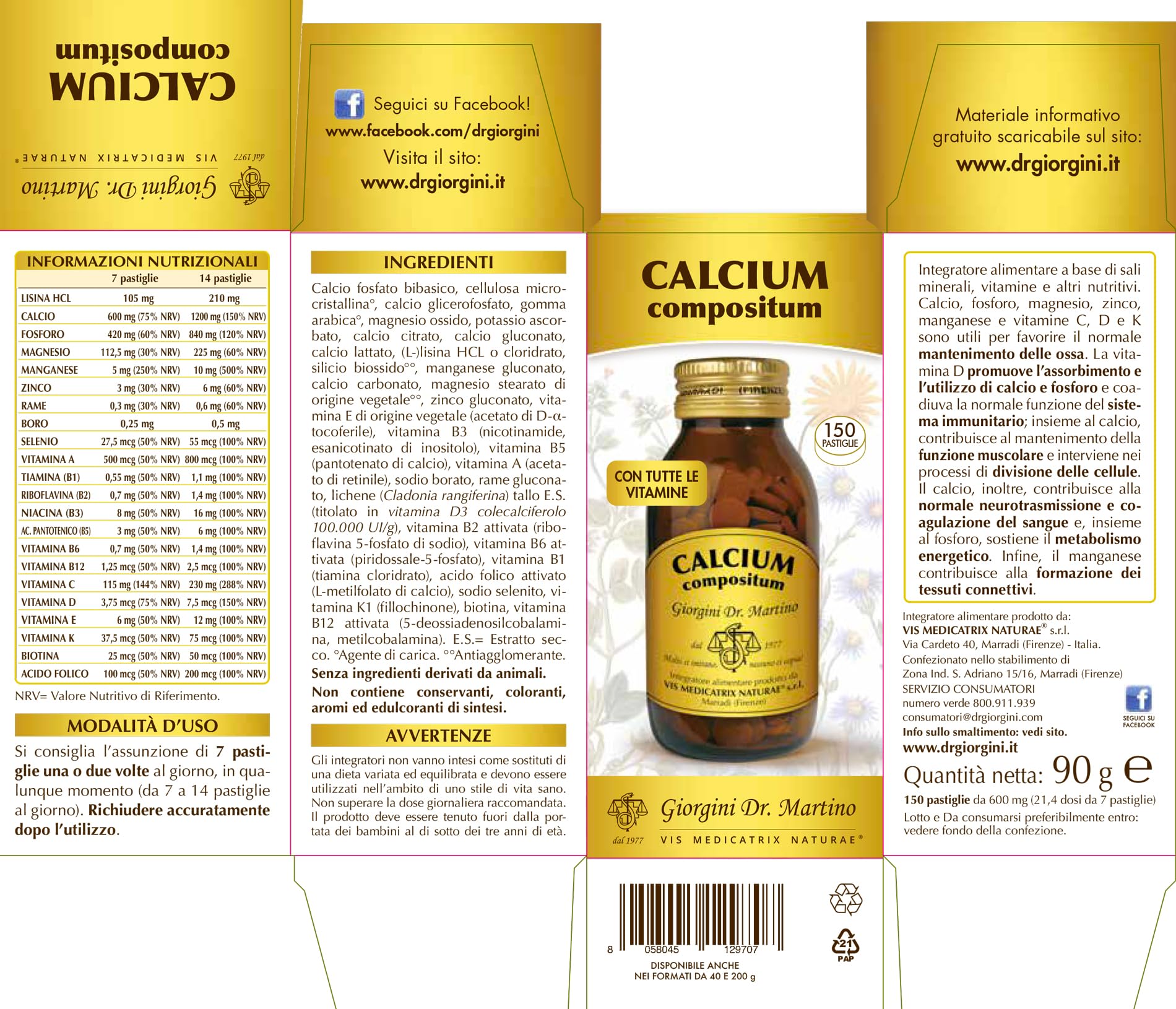 Dr Giorgini CALCIUM COMPOSITUM pastiglie - 90 g (integratore di calcio, vitamina K e vitamina D per le ossa)
